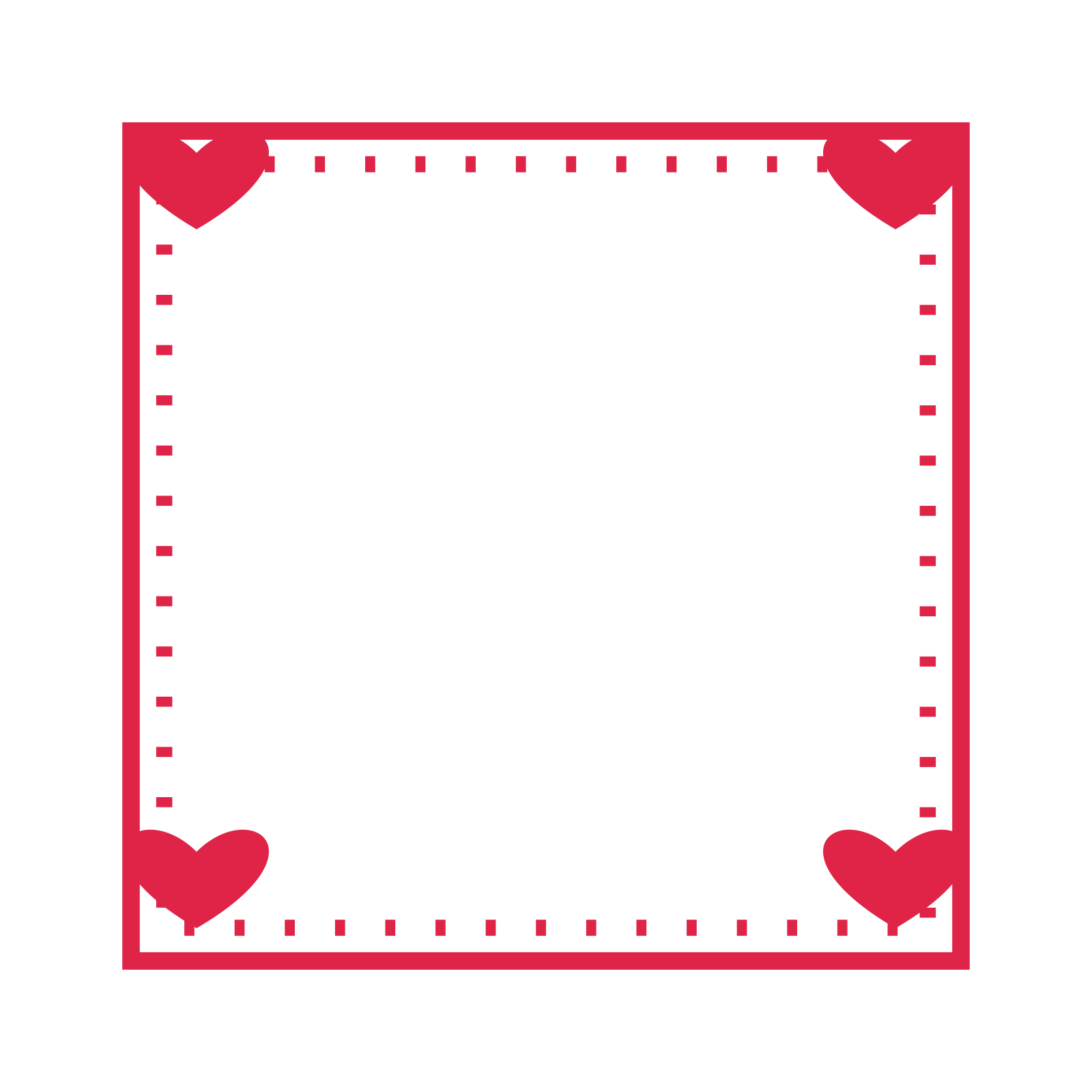 An open square frame with heart ornaments and a dotted border. The middle stays transparent for your text or photograph.