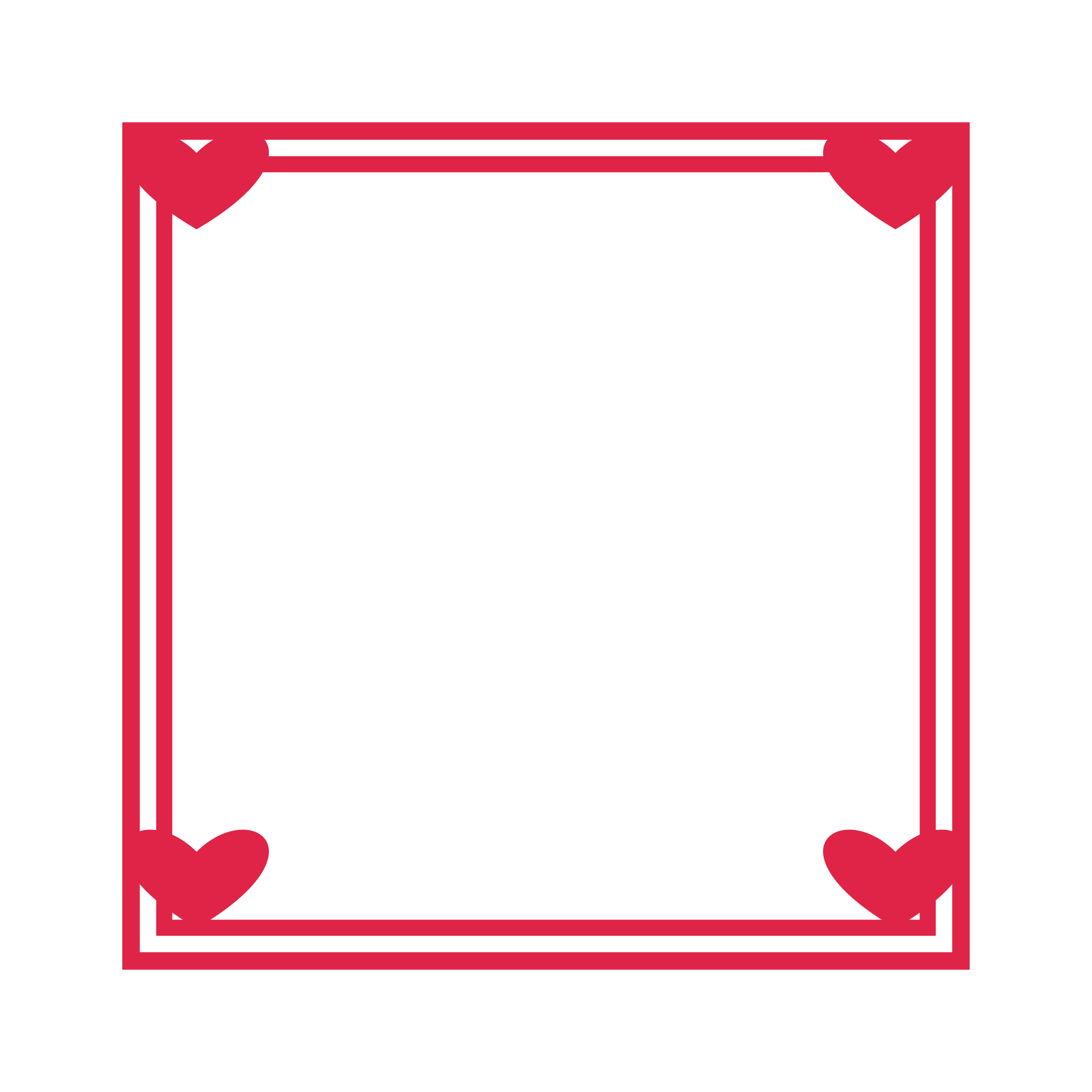 An open square frame with heart ornaments and a double border. The middle stays transparent for your text or photograph.