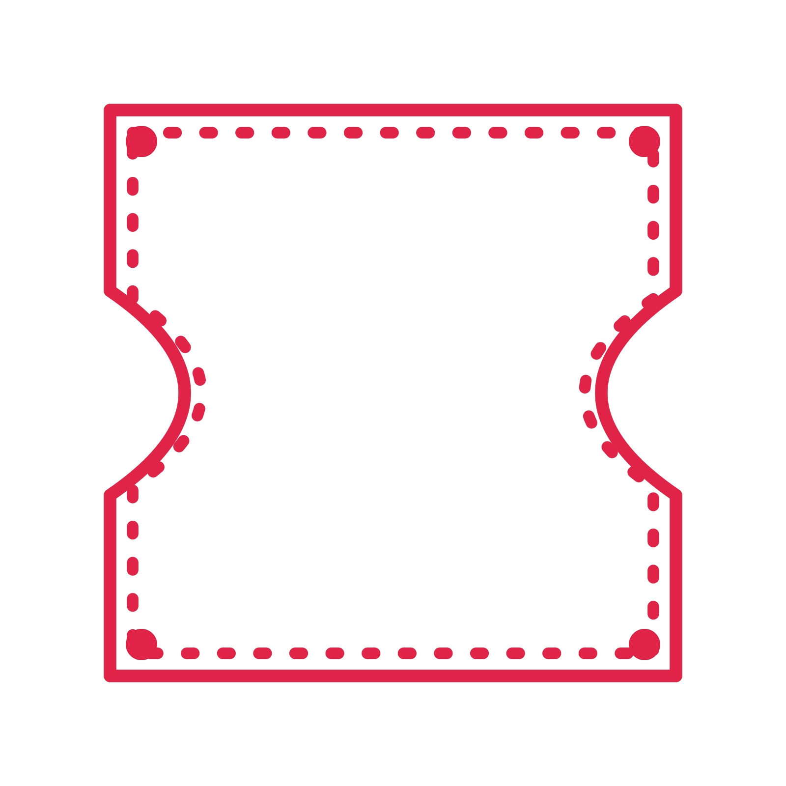 An open ticket frame with dot ornaments and a dotted border. The middle stays transparent for your text or photograph.