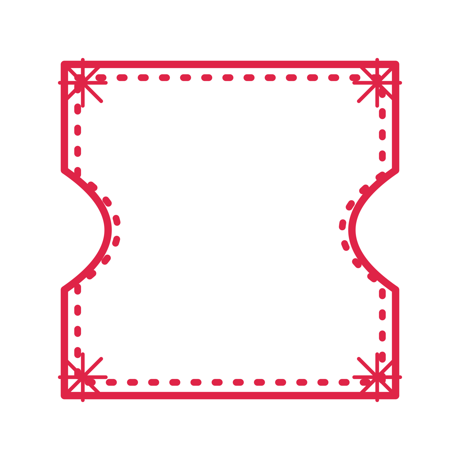 An open ticket frame with fan ornaments and a dotted border. The middle stays transparent for your text or photograph.