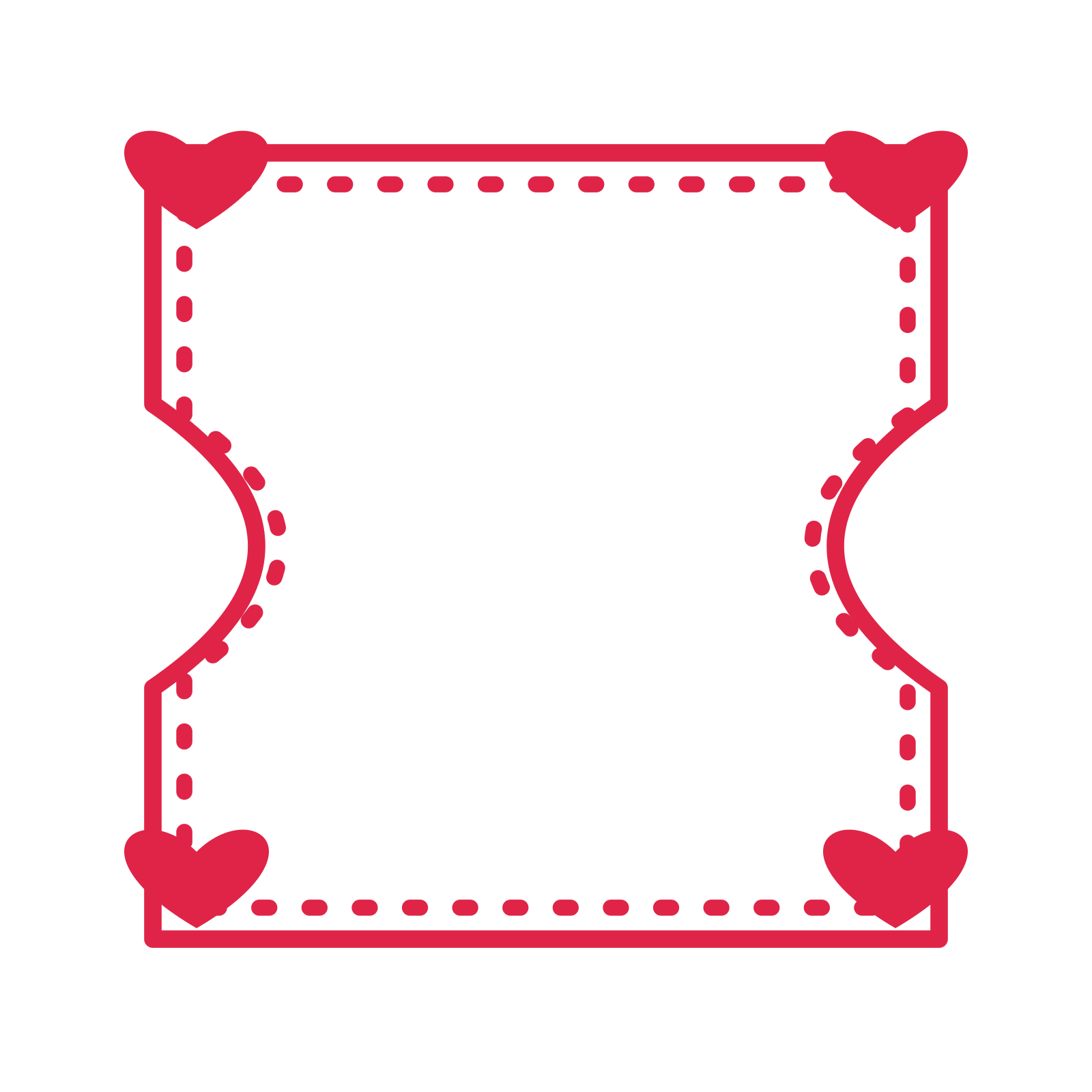 An open ticket frame with heart ornaments and a dotted border. The middle stays transparent for your text or photograph.
