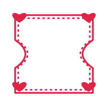 An open ticket frame with heart ornaments and a dotted border. The middle stays transparent for your text or photograph.