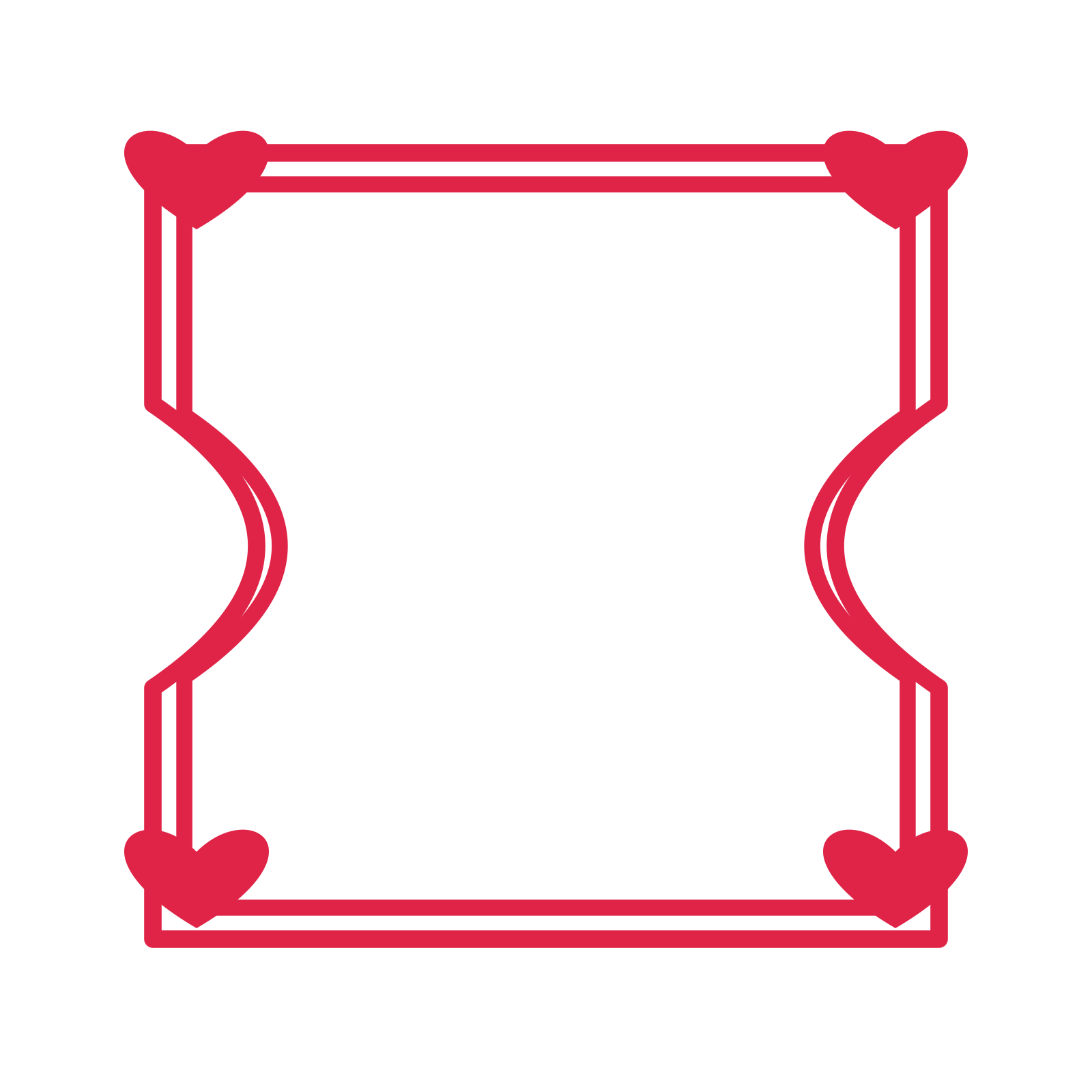 An open ticket frame with heart ornaments and a double border. The middle stays transparent for your text or photograph.