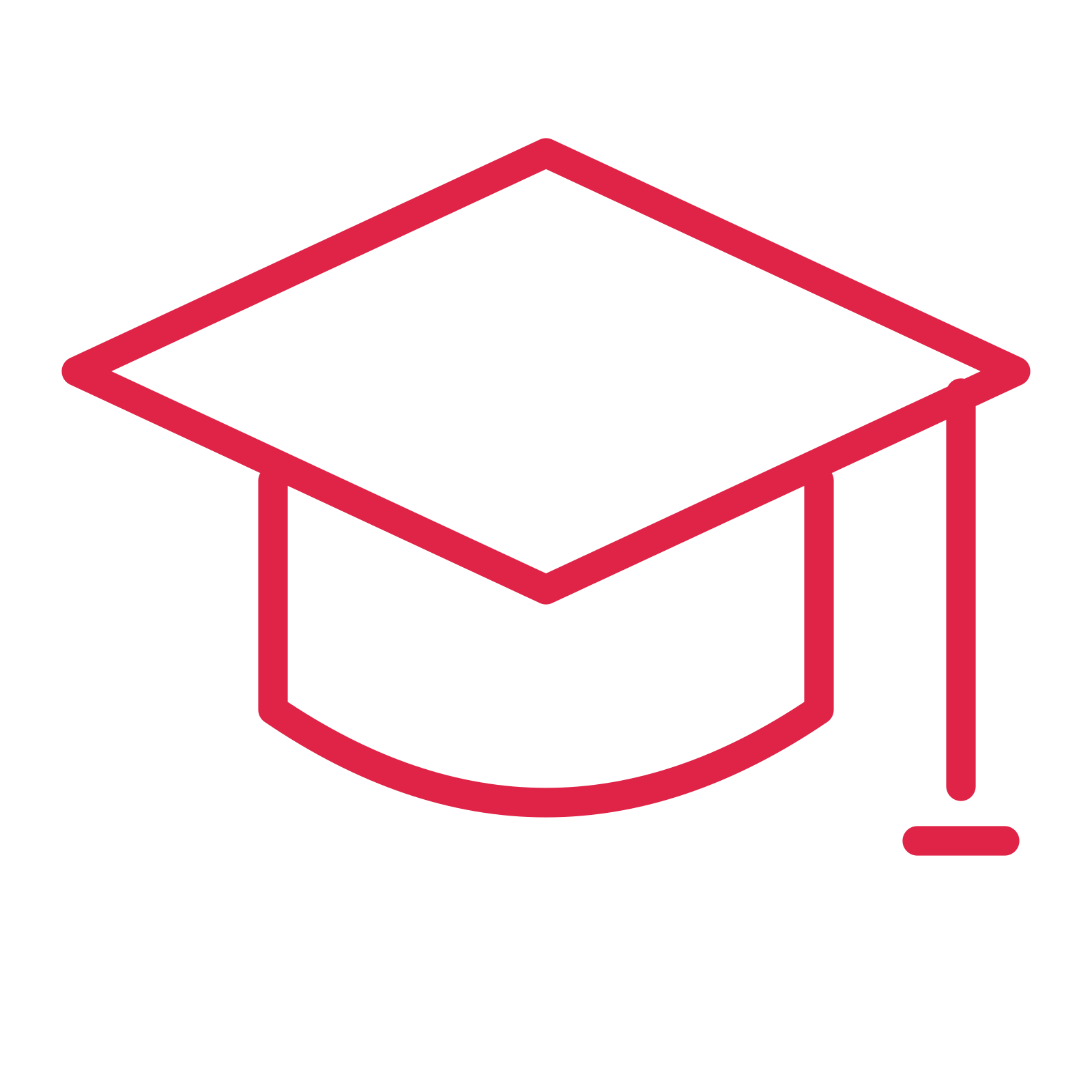 Graduation cap drawn as an outline icon with clean rounded lines.