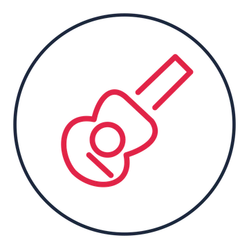 Acoustic guitar drawn as a medallion icon with clean rounded lines.