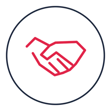 Partnership handshake drawn as a medallion icon with clean rounded lines.