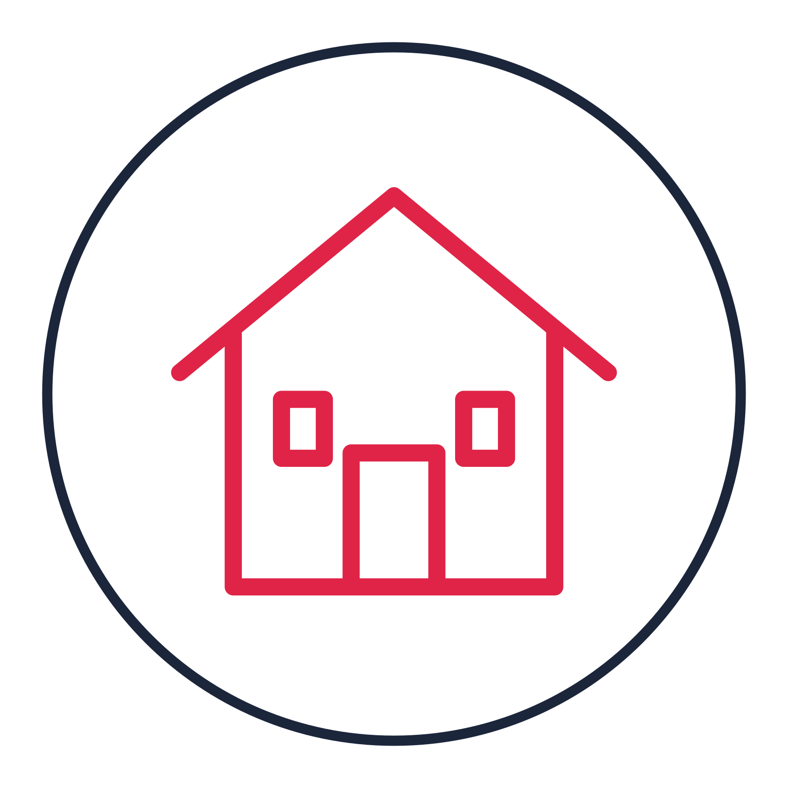 Home with front door drawn as a medallion icon with clean rounded lines.