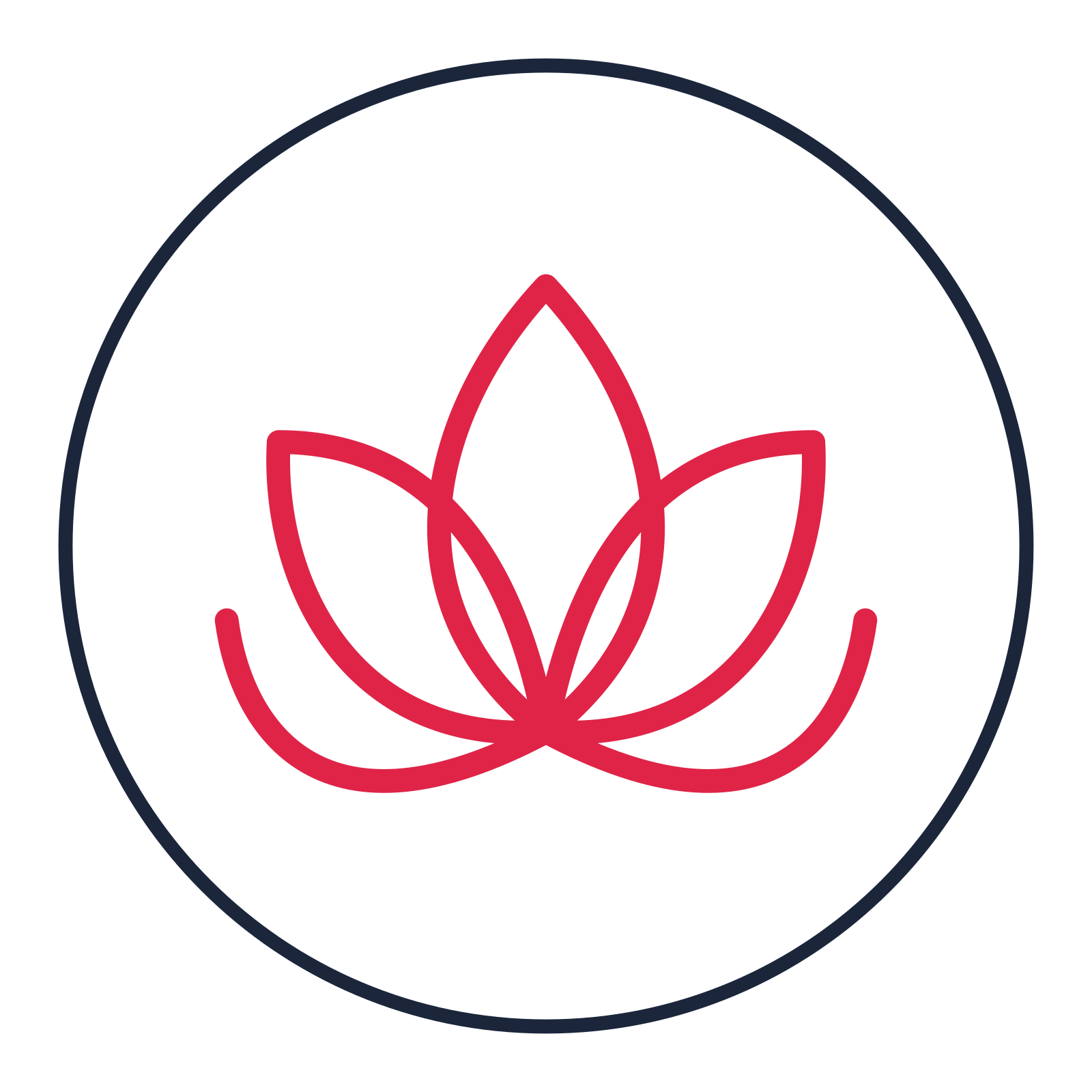 Lotus blossom drawn as a medallion icon with clean rounded lines.