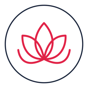 Lotus blossom drawn as a medallion icon with clean rounded lines.