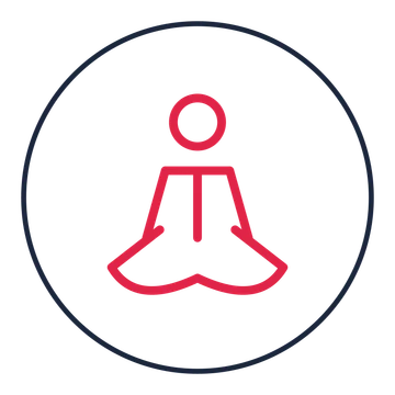 Meditation pose drawn as a medallion icon with clean rounded lines.