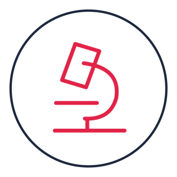 Laboratory microscope drawn as a medallion icon with clean rounded lines.