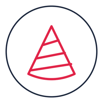 Striped party hat drawn as a medallion icon with clean rounded lines.