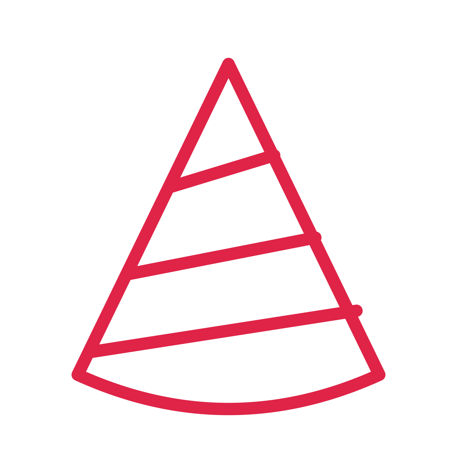 Striped party hat drawn as an outline icon with clean rounded lines.