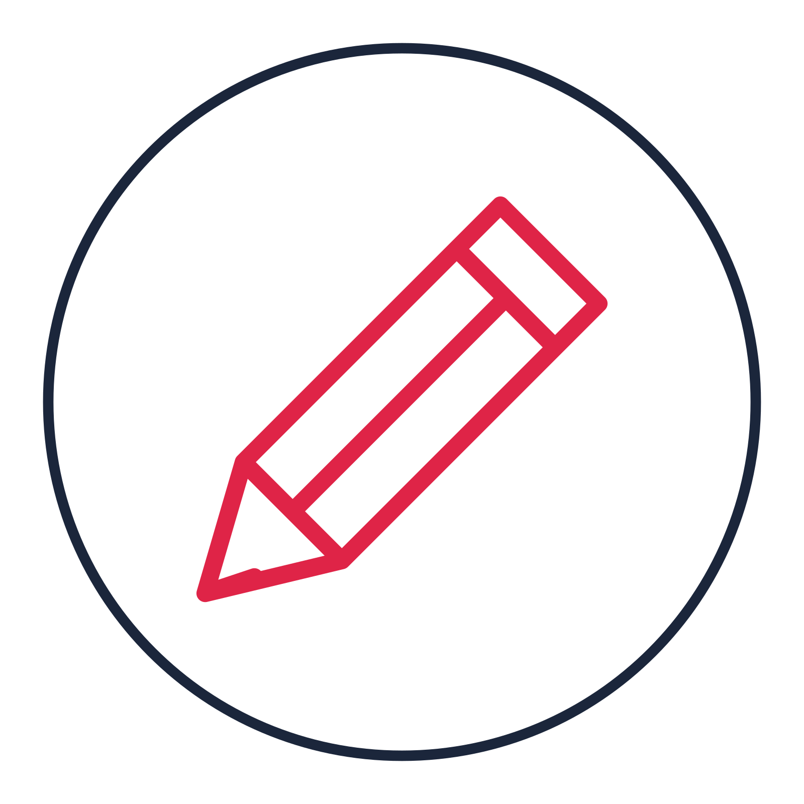 Sharpened pencil drawn as a medallion icon with clean rounded lines.
