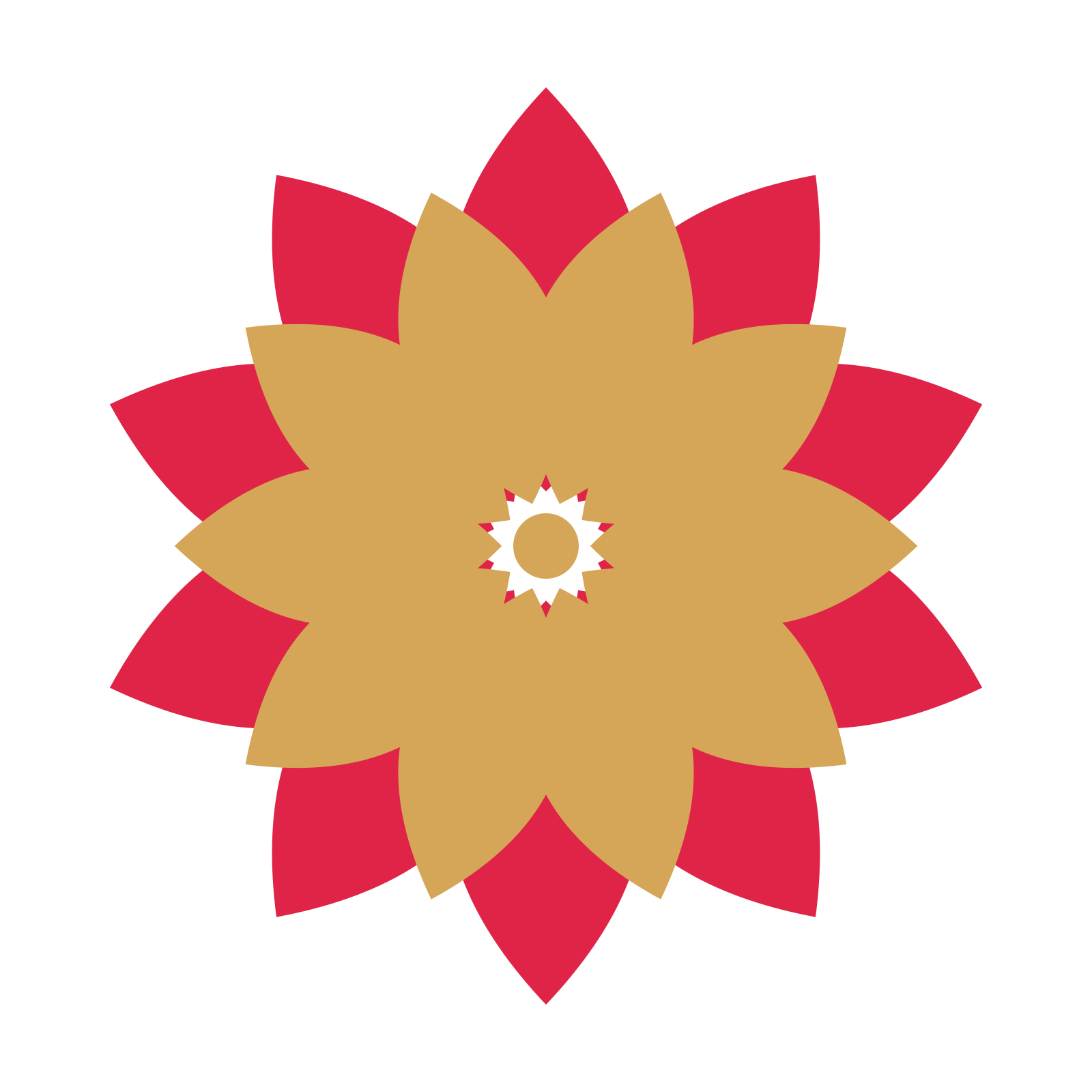 A layered almond rosette with 10-fold radial symmetry and 2 alternating rings of petals.