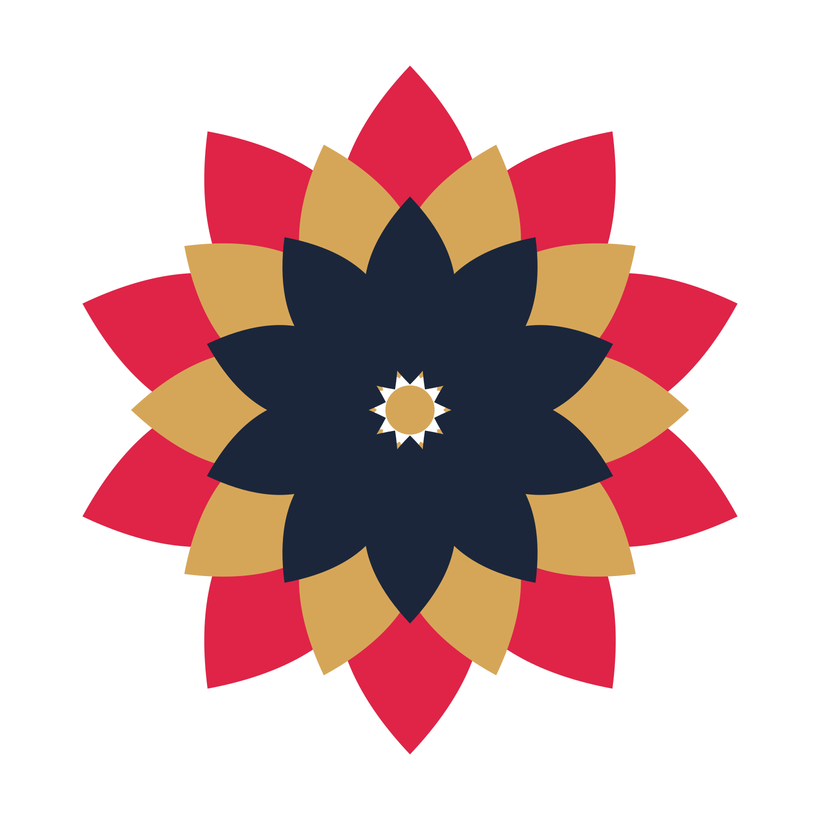 A layered almond rosette with 10-fold radial symmetry and 3 alternating rings of petals.