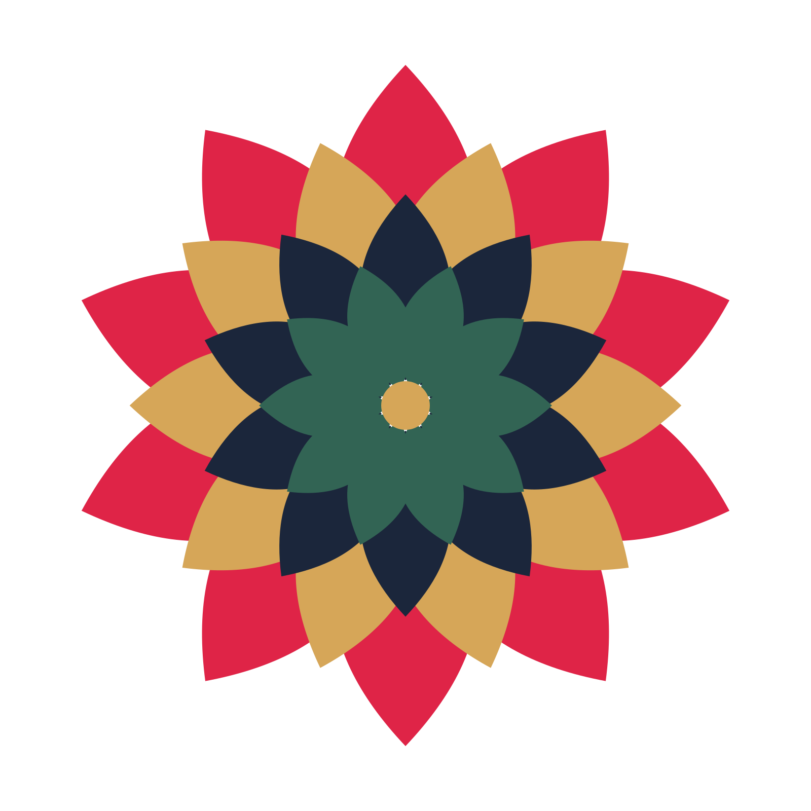 A layered almond rosette with 10-fold radial symmetry and 4 alternating rings of petals.