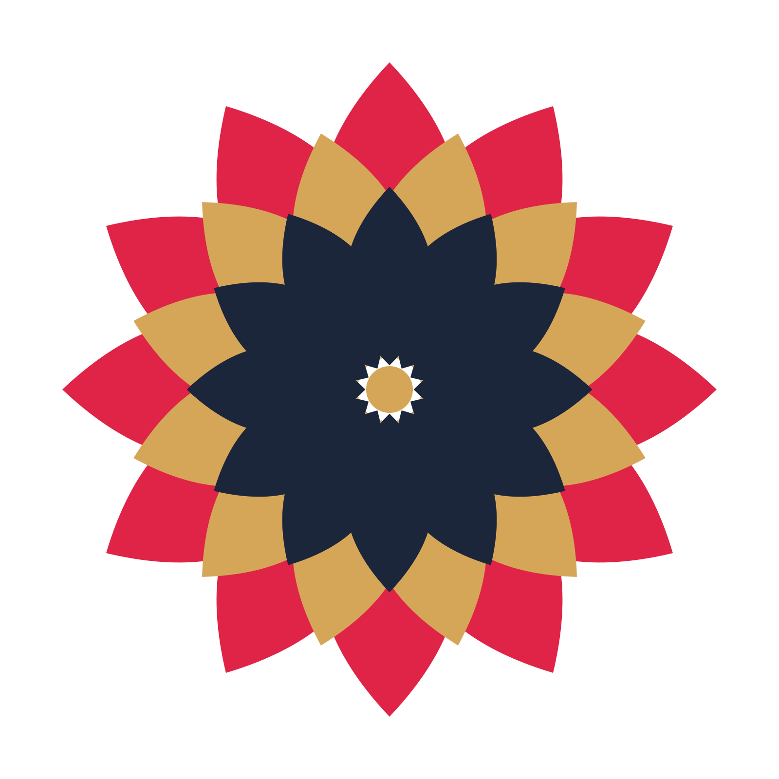 A layered almond rosette with 12-fold radial symmetry and 3 alternating rings of petals.