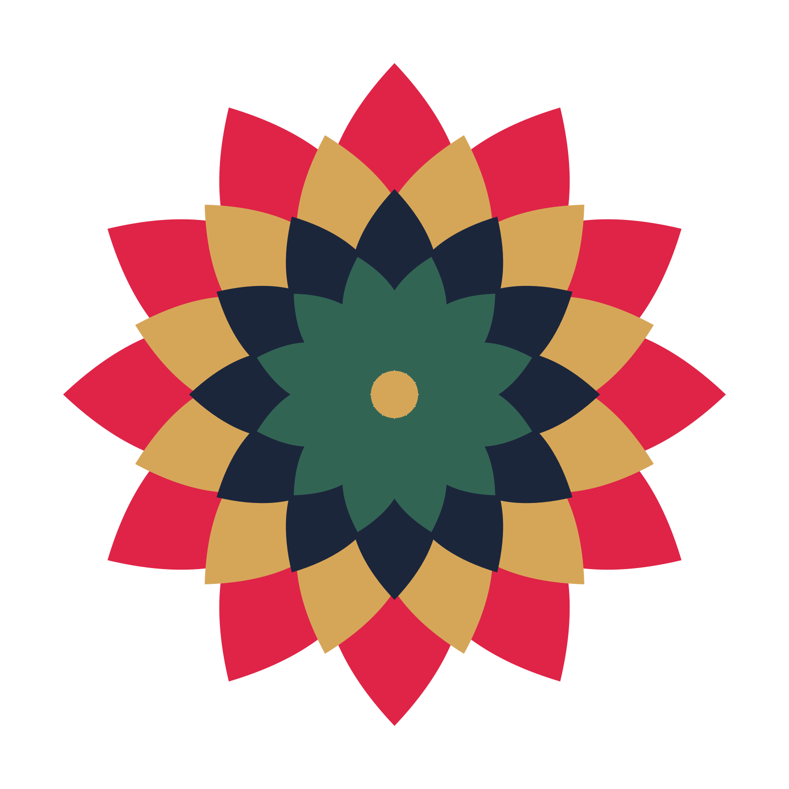 A layered almond rosette with 12-fold radial symmetry and 4 alternating rings of petals.