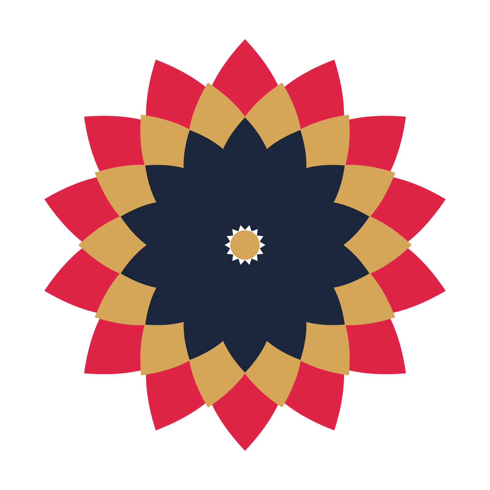 A layered almond rosette with 14-fold radial symmetry and 3 alternating rings of petals.