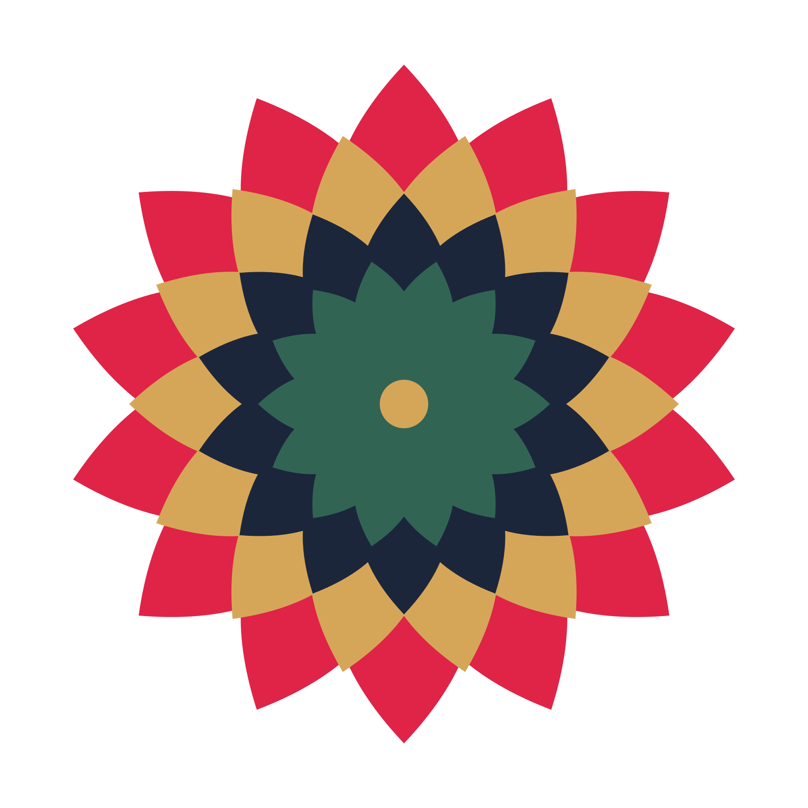 A layered almond rosette with 14-fold radial symmetry and 4 alternating rings of petals.