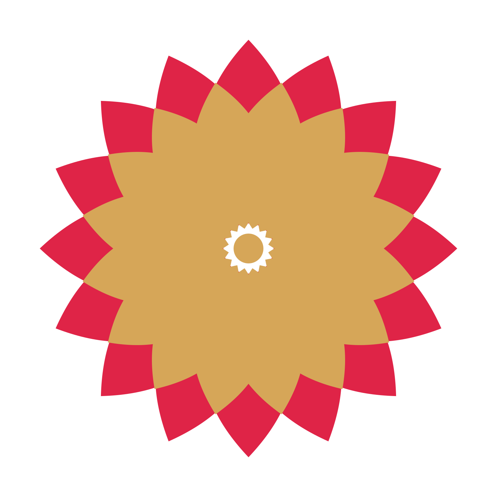 A layered almond rosette with 16-fold radial symmetry and 2 alternating rings of petals.