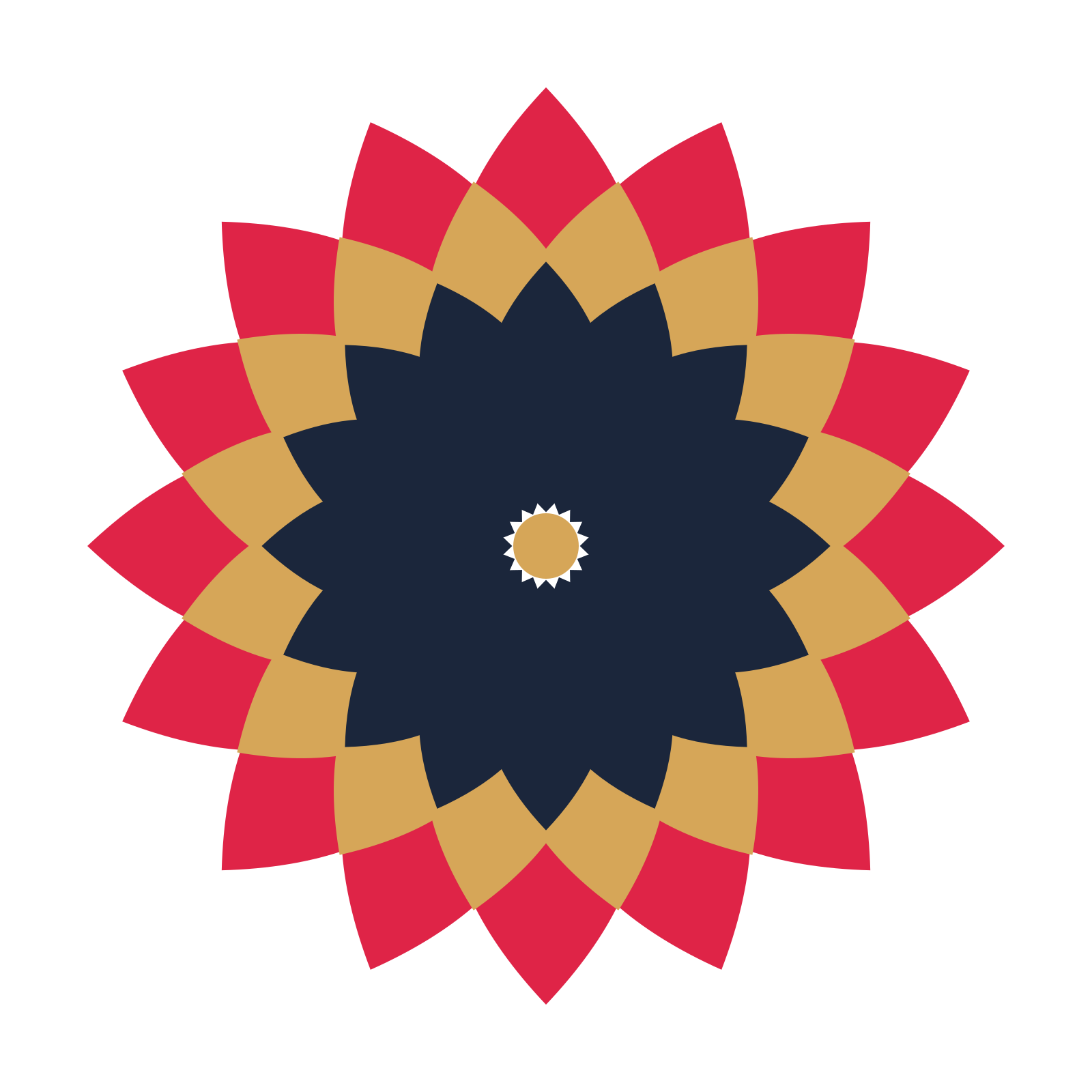 A layered almond rosette with 16-fold radial symmetry and 3 alternating rings of petals.