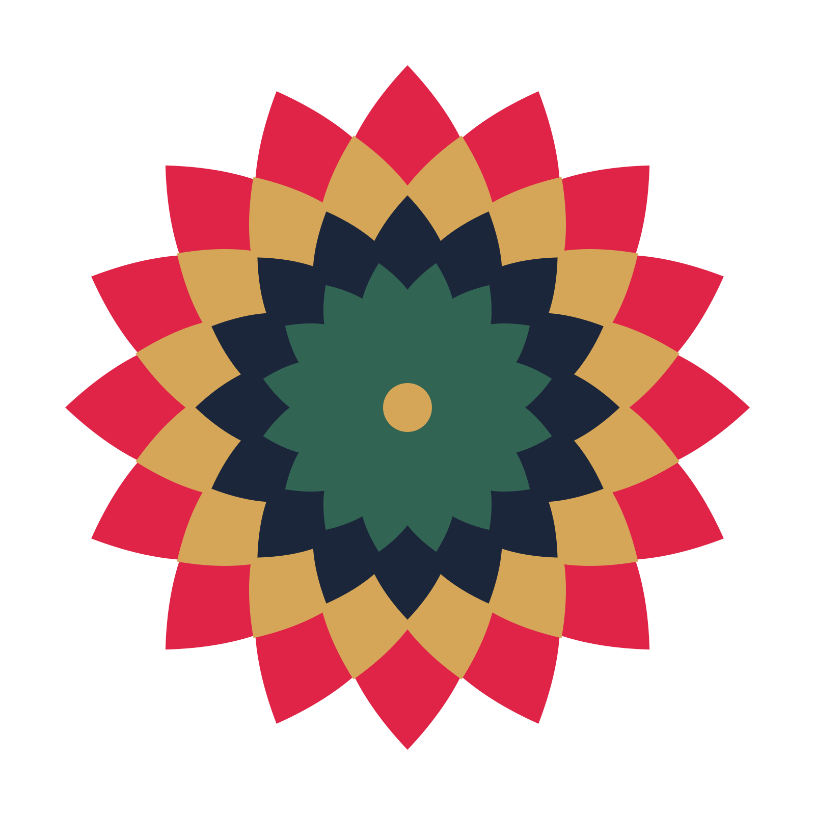 A layered almond rosette with 16-fold radial symmetry and 4 alternating rings of petals.