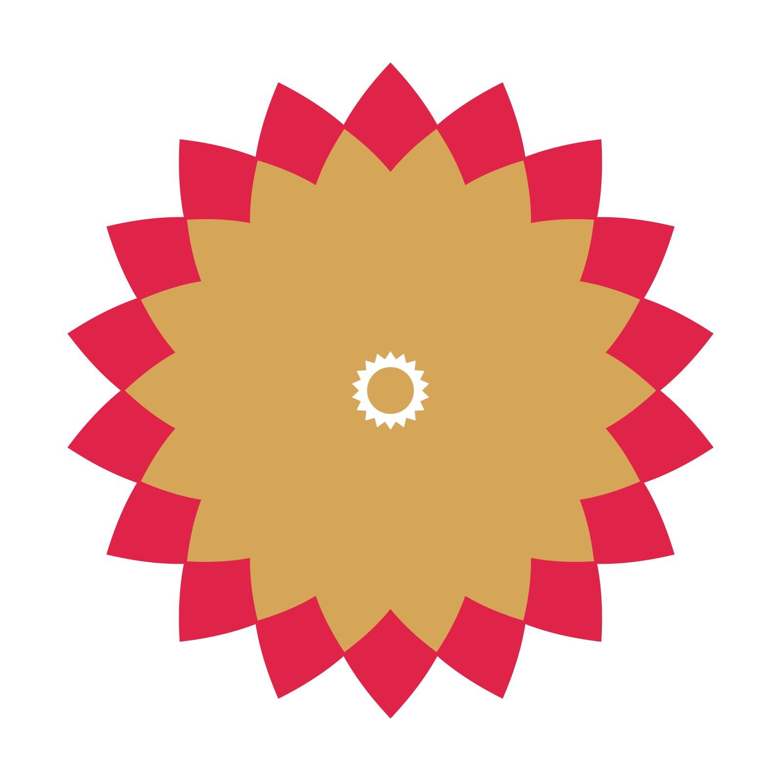 A layered almond rosette with 18-fold radial symmetry and 2 alternating rings of petals.