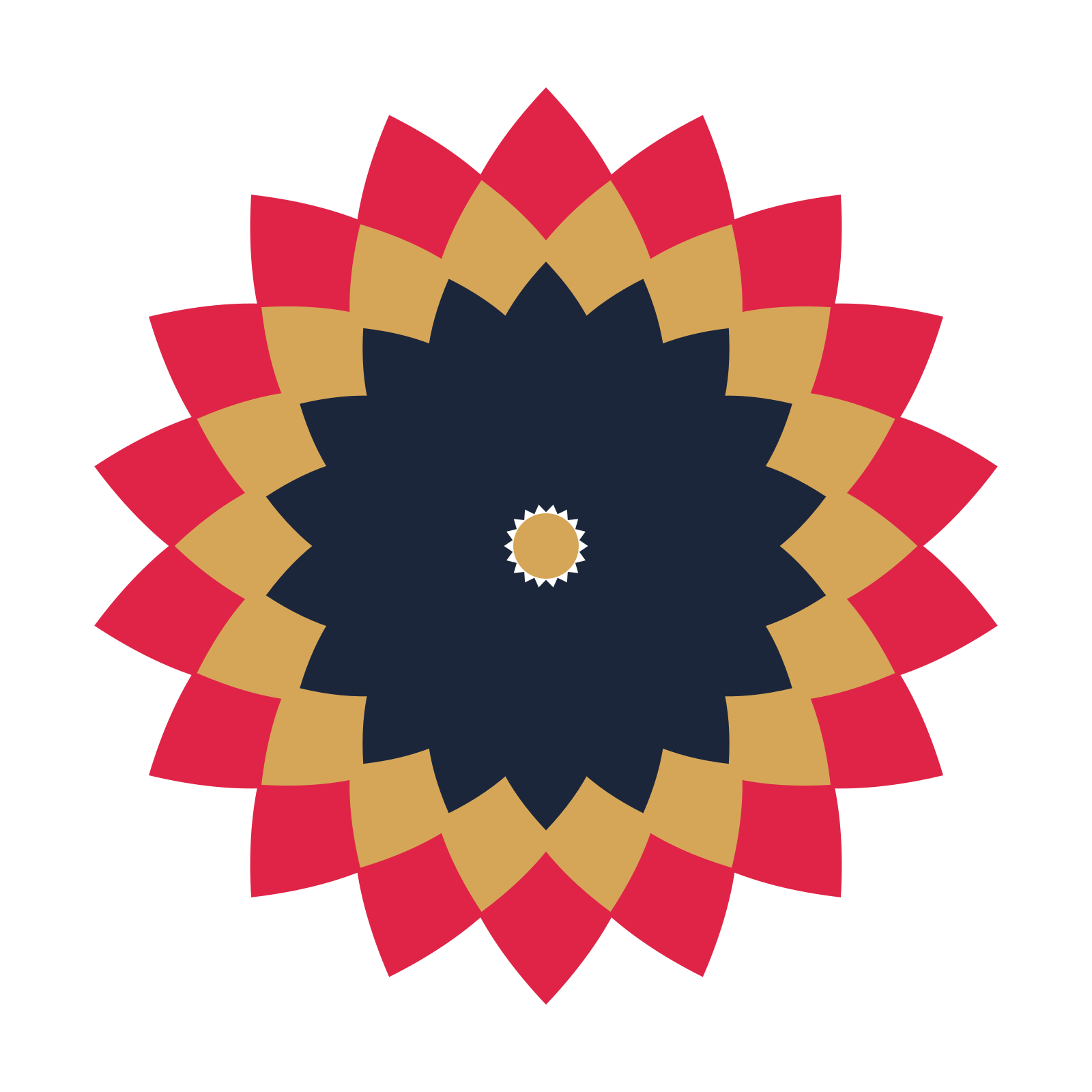 A layered almond rosette with 18-fold radial symmetry and 3 alternating rings of petals.