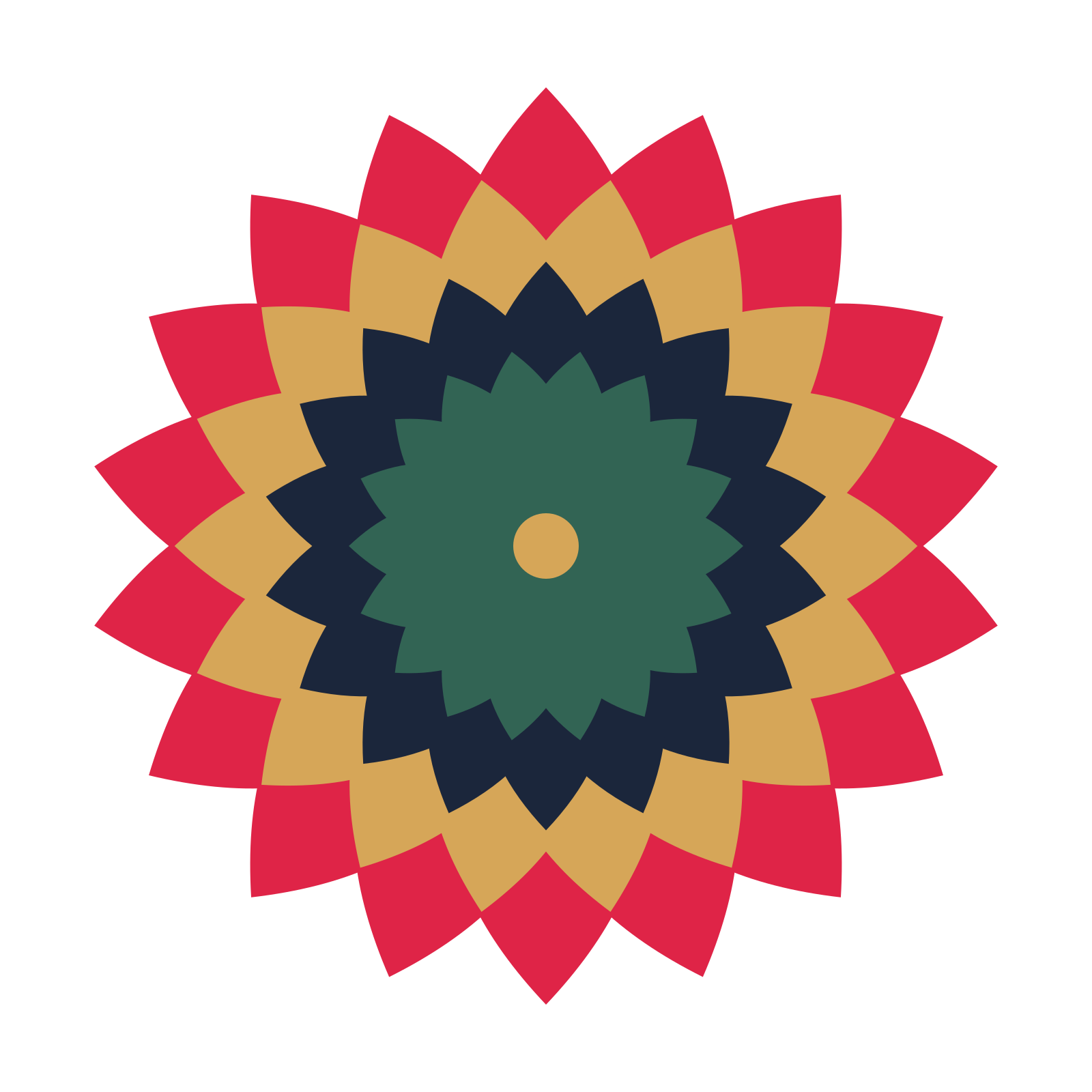 A layered almond rosette with 18-fold radial symmetry and 4 alternating rings of petals.