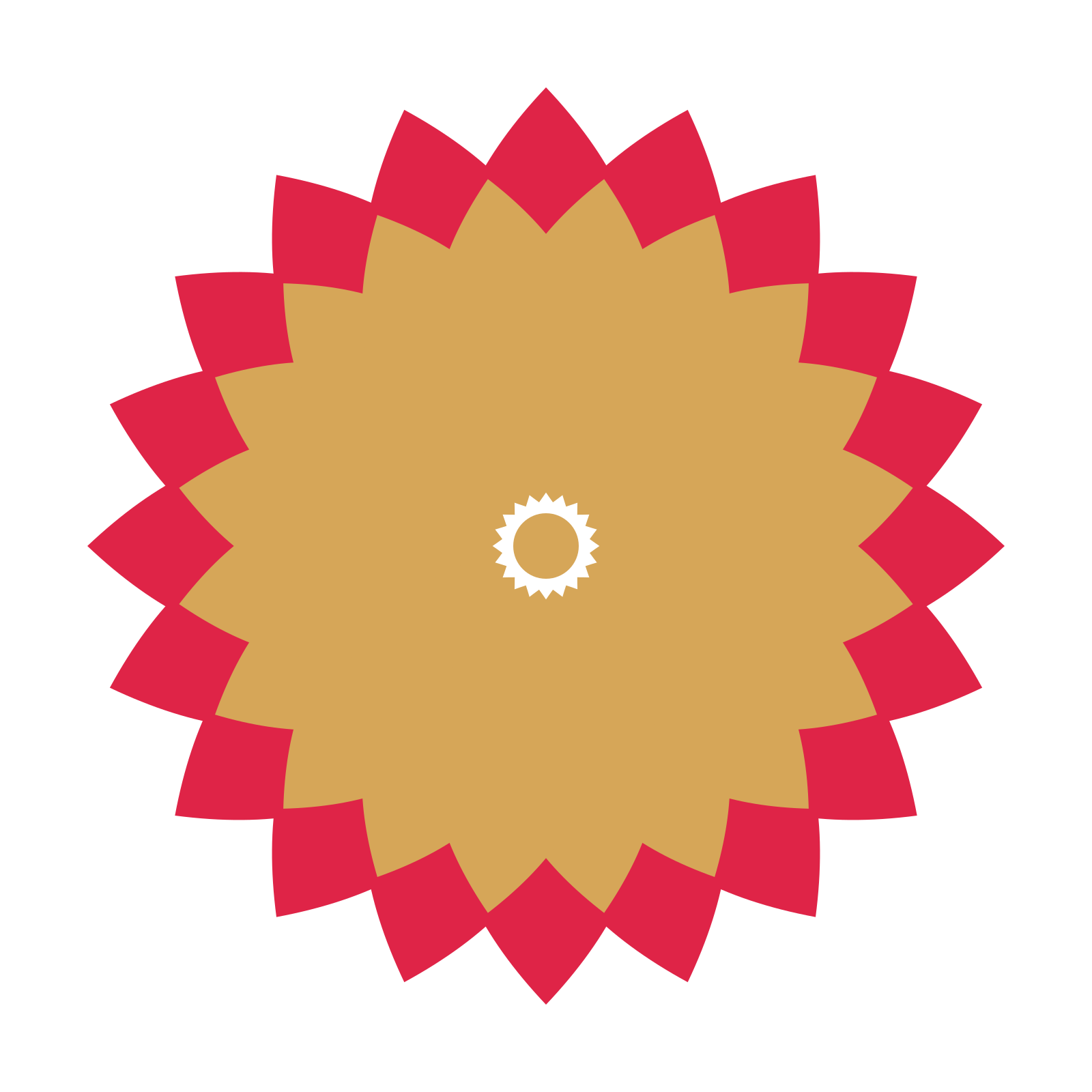 A layered almond rosette with 20-fold radial symmetry and 2 alternating rings of petals.