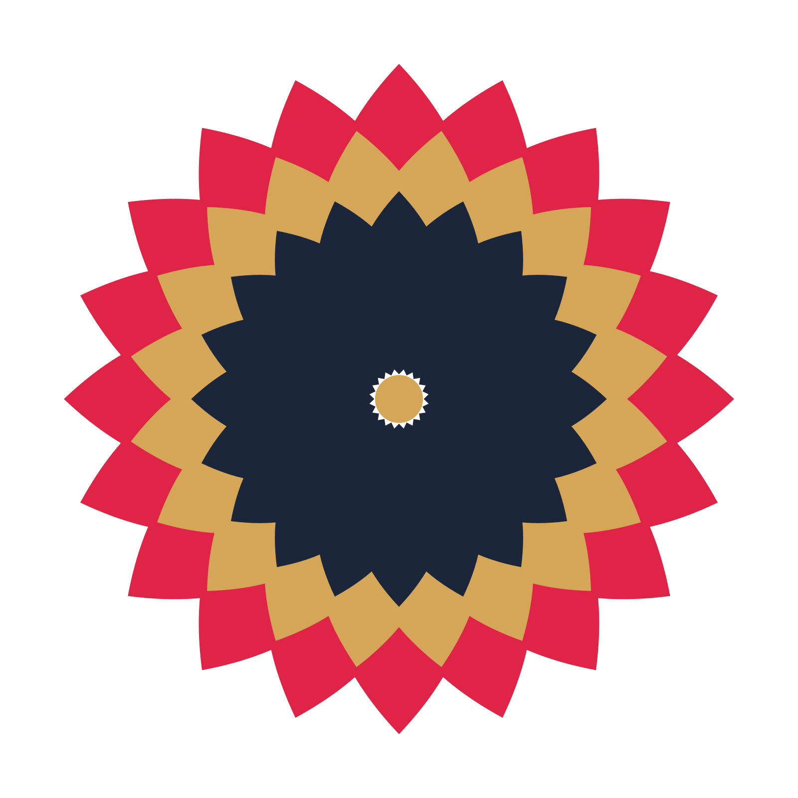 A layered almond rosette with 20-fold radial symmetry and 3 alternating rings of petals.