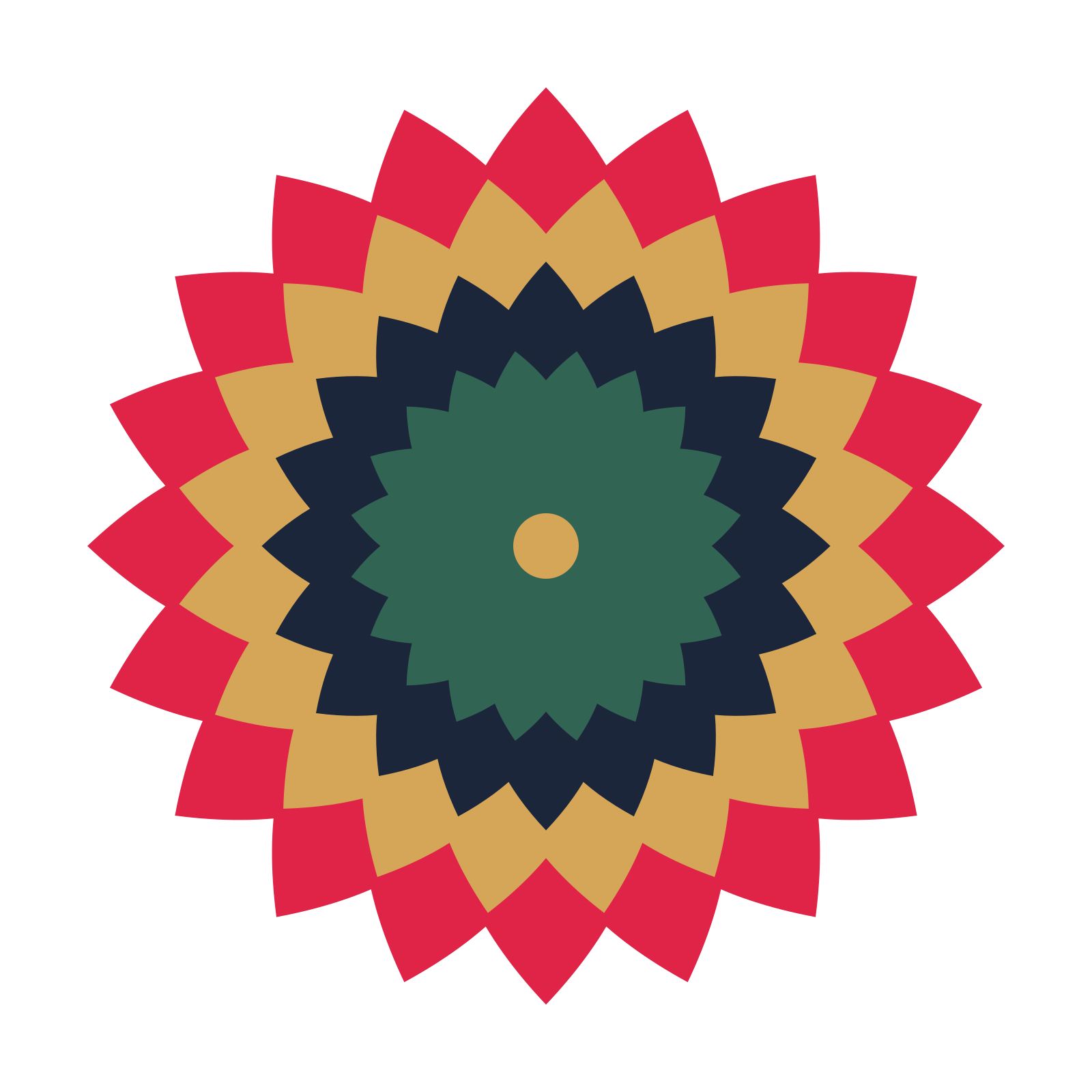 A layered almond rosette with 20-fold radial symmetry and 4 alternating rings of petals.