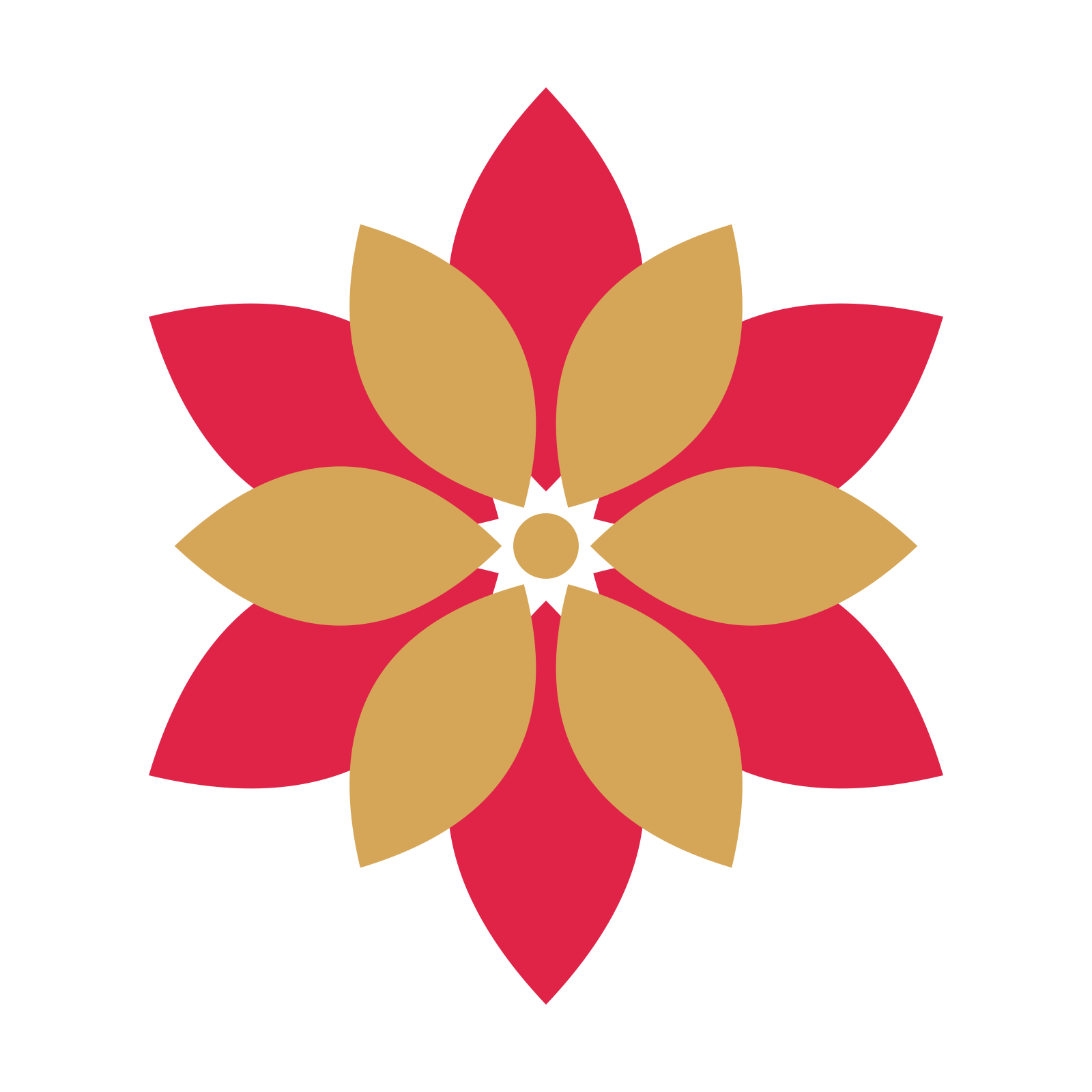 A layered almond rosette with 6-fold radial symmetry and 2 alternating rings of petals.