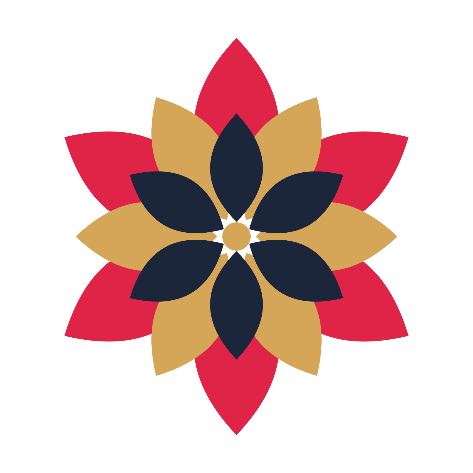 A layered almond rosette with 6-fold radial symmetry and 3 alternating rings of petals.