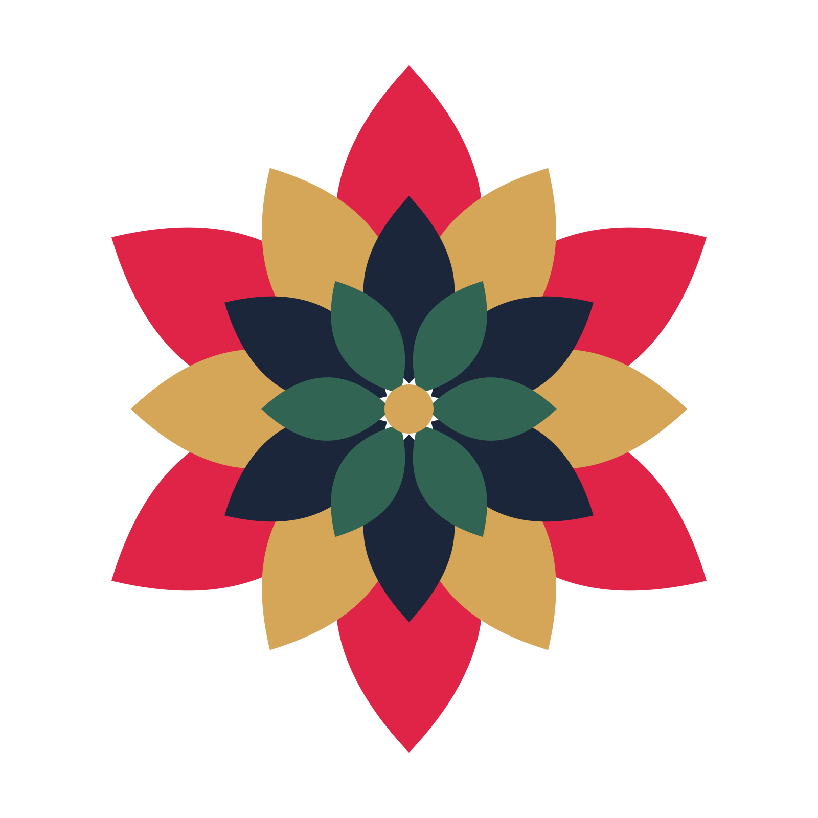 A layered almond rosette with 6-fold radial symmetry and 4 alternating rings of petals.