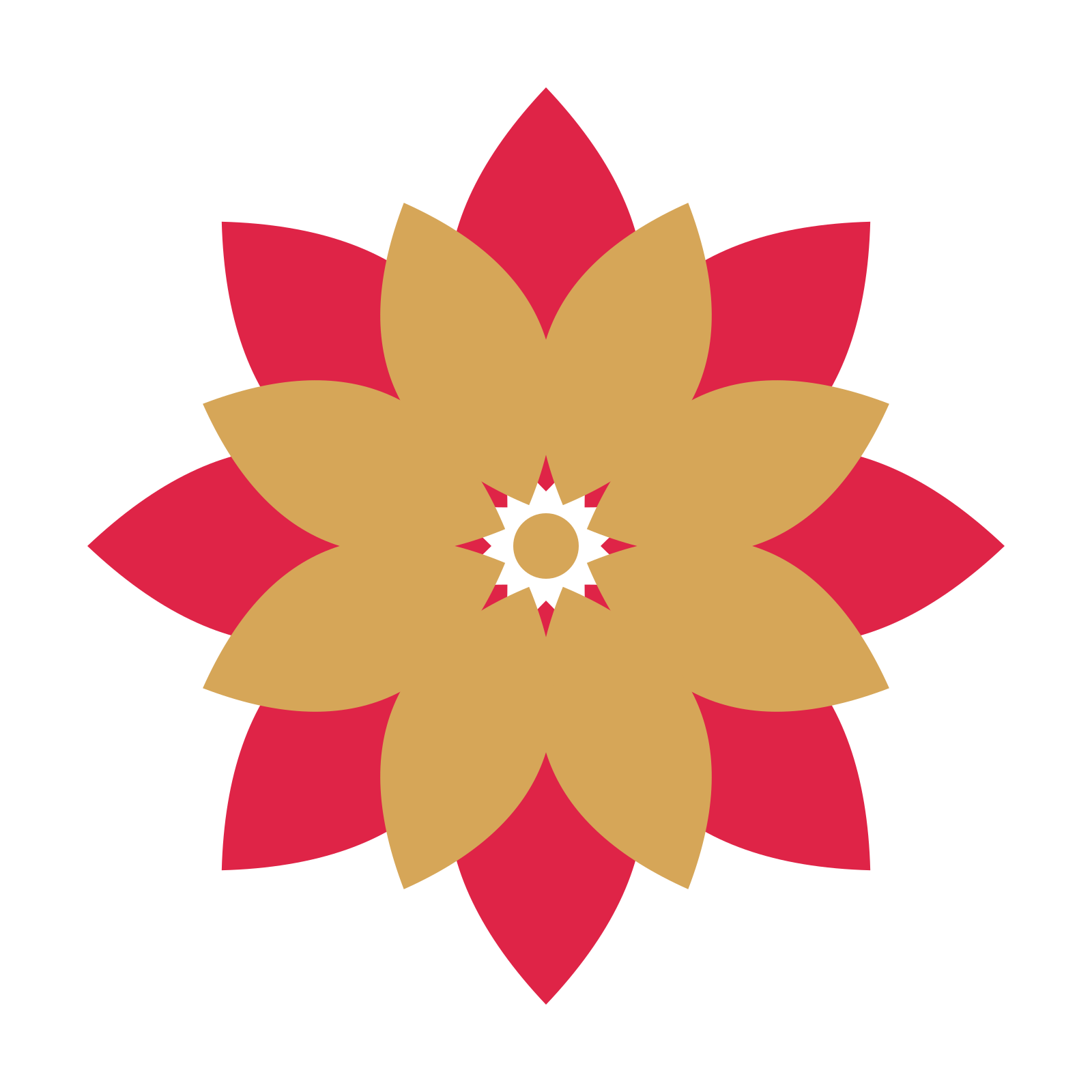 A layered almond rosette with 8-fold radial symmetry and 2 alternating rings of petals.