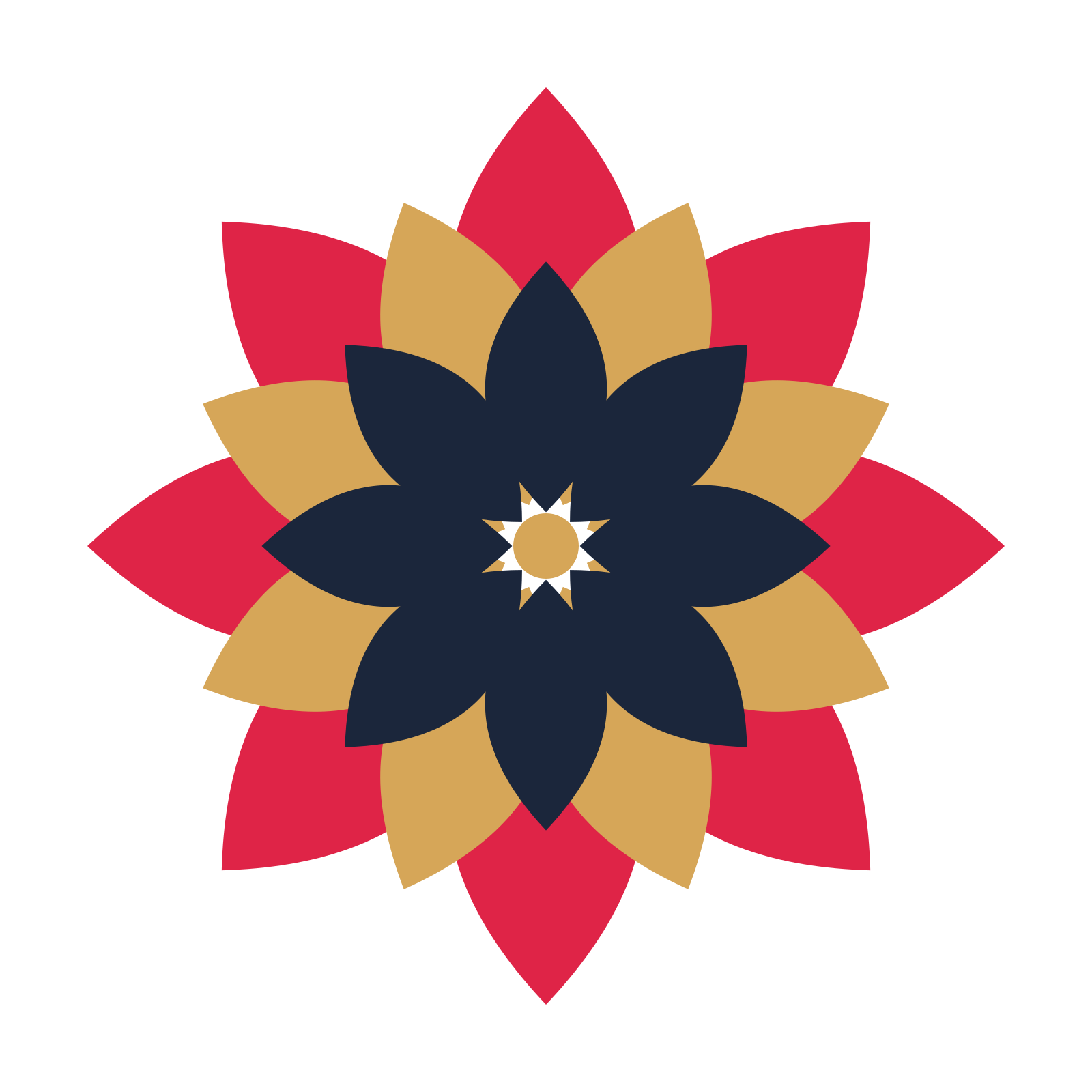 A layered almond rosette with 8-fold radial symmetry and 3 alternating rings of petals.