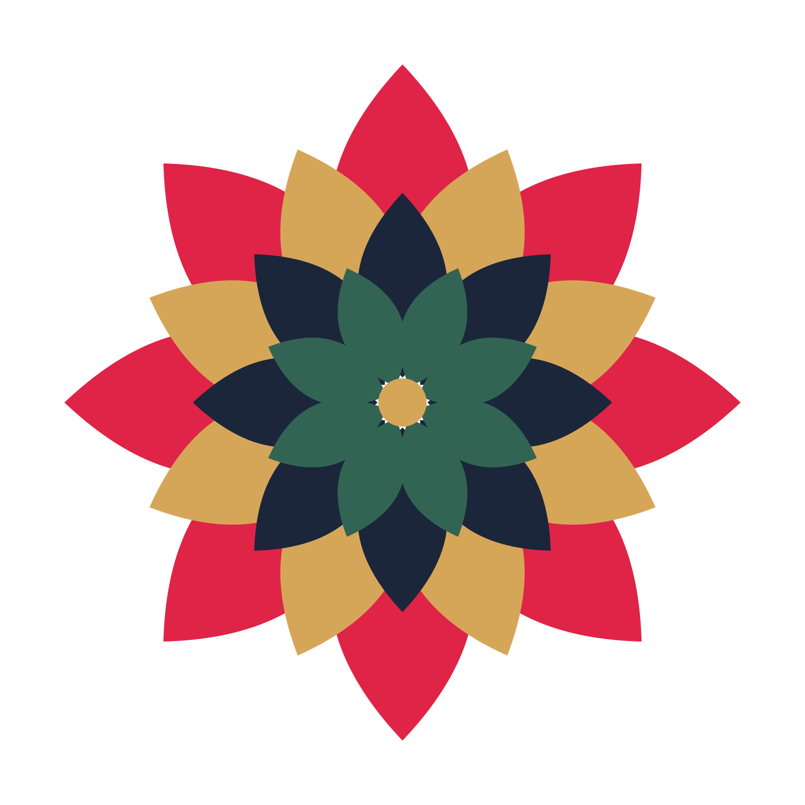 A layered almond rosette with 8-fold radial symmetry and 4 alternating rings of petals.