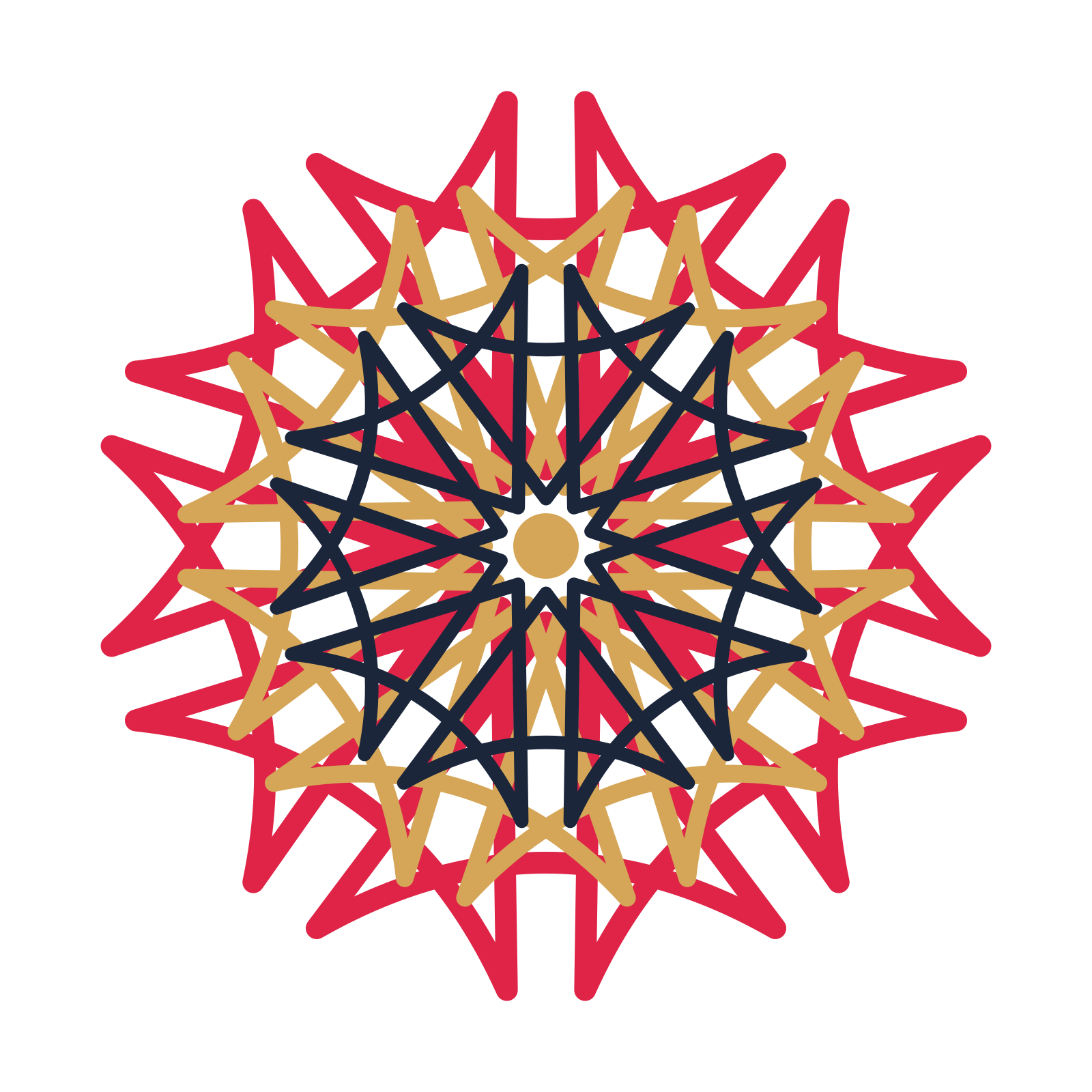 A layered bell rosette with 10-fold radial symmetry and 3 alternating rings of petals.
