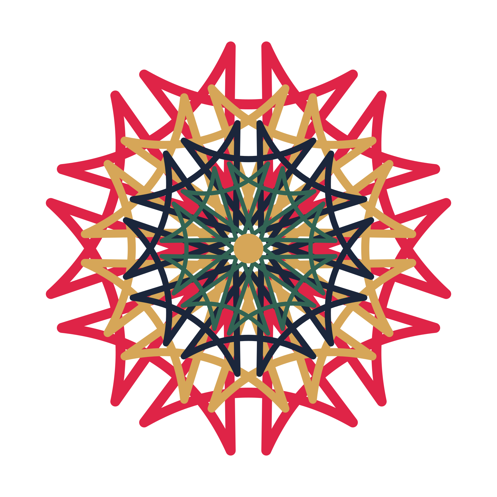 A layered bell rosette with 10-fold radial symmetry and 4 alternating rings of petals.