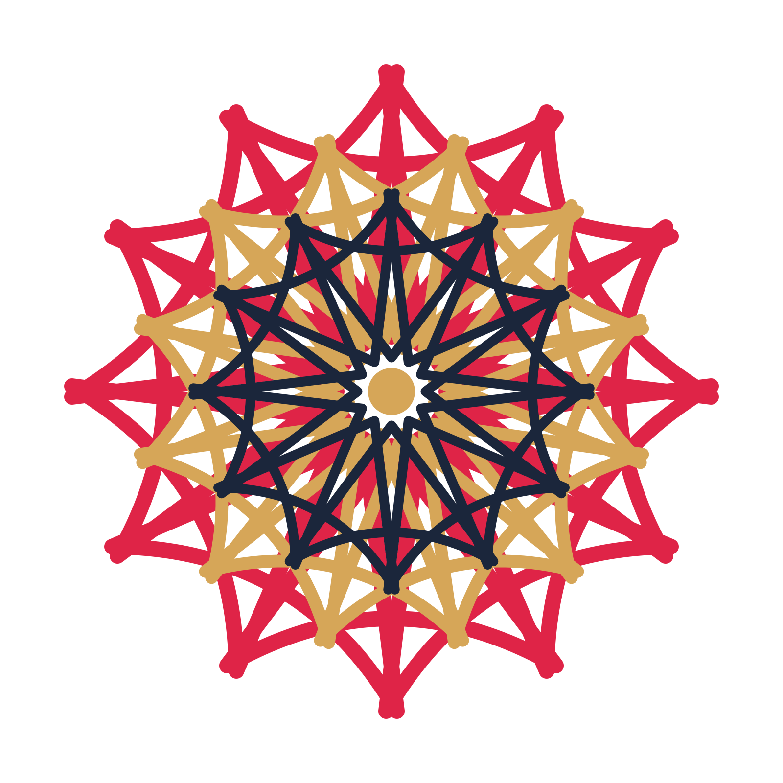 A layered bell rosette with 12-fold radial symmetry and 3 alternating rings of petals.
