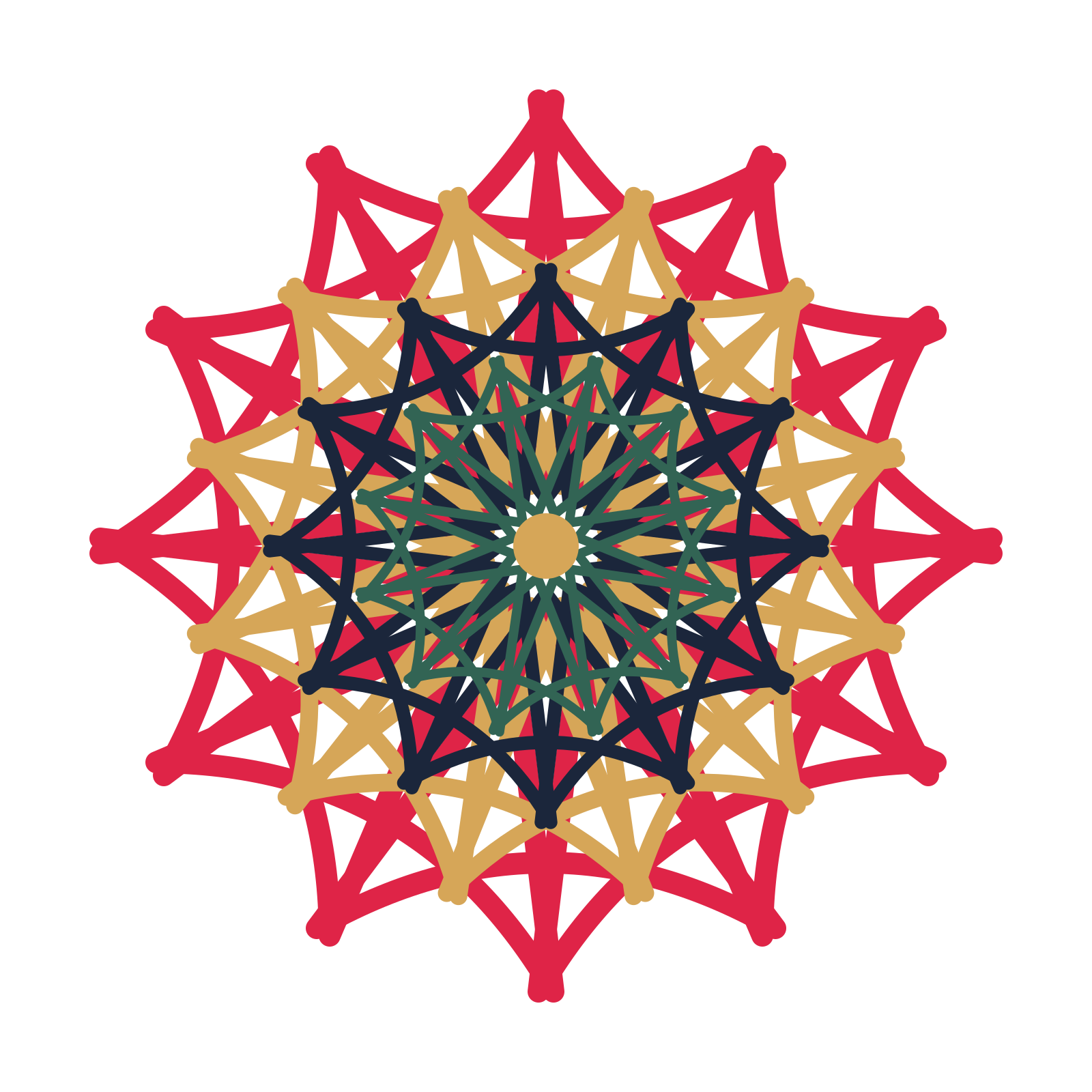 A layered bell rosette with 12-fold radial symmetry and 4 alternating rings of petals.