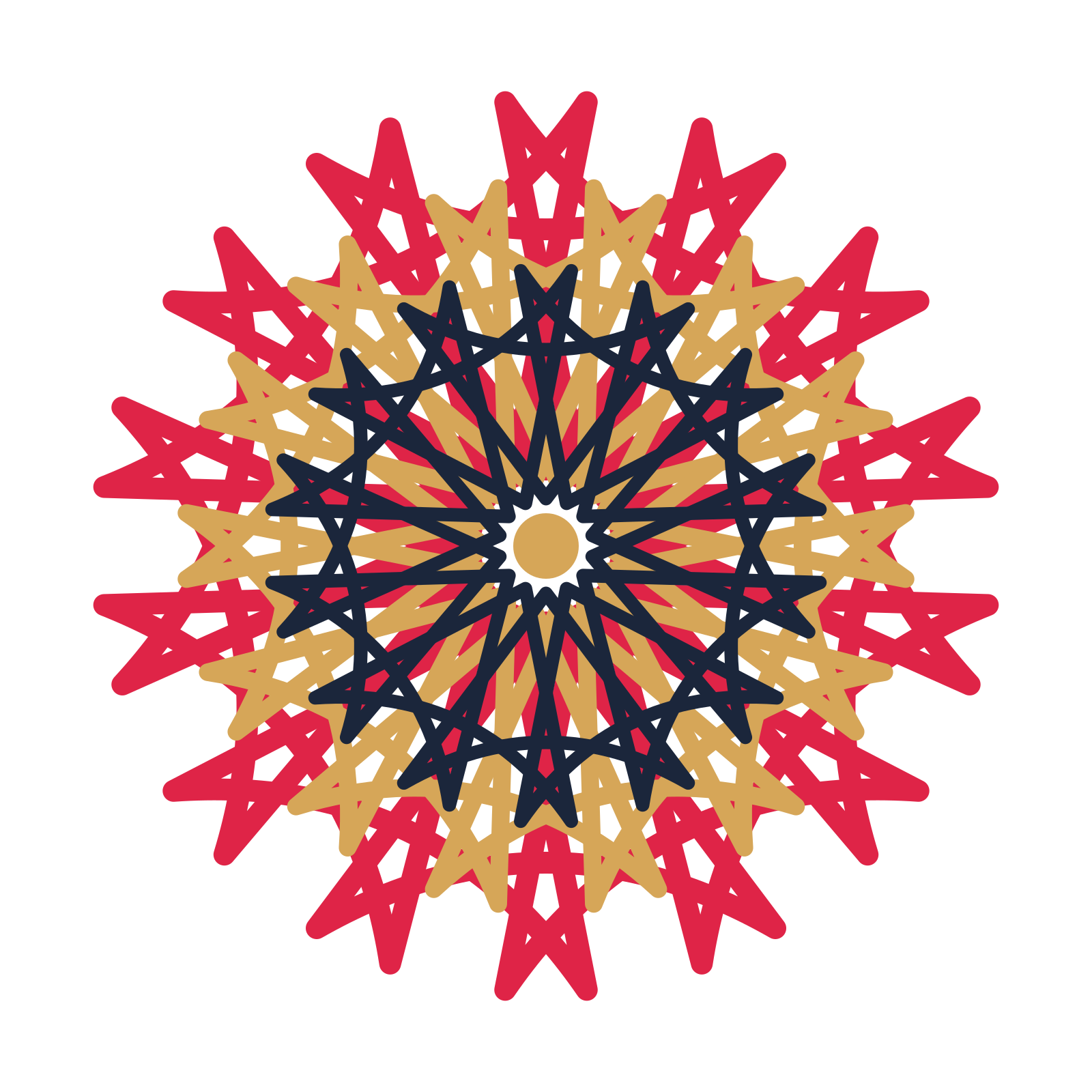 A layered bell rosette with 14-fold radial symmetry and 3 alternating rings of petals.