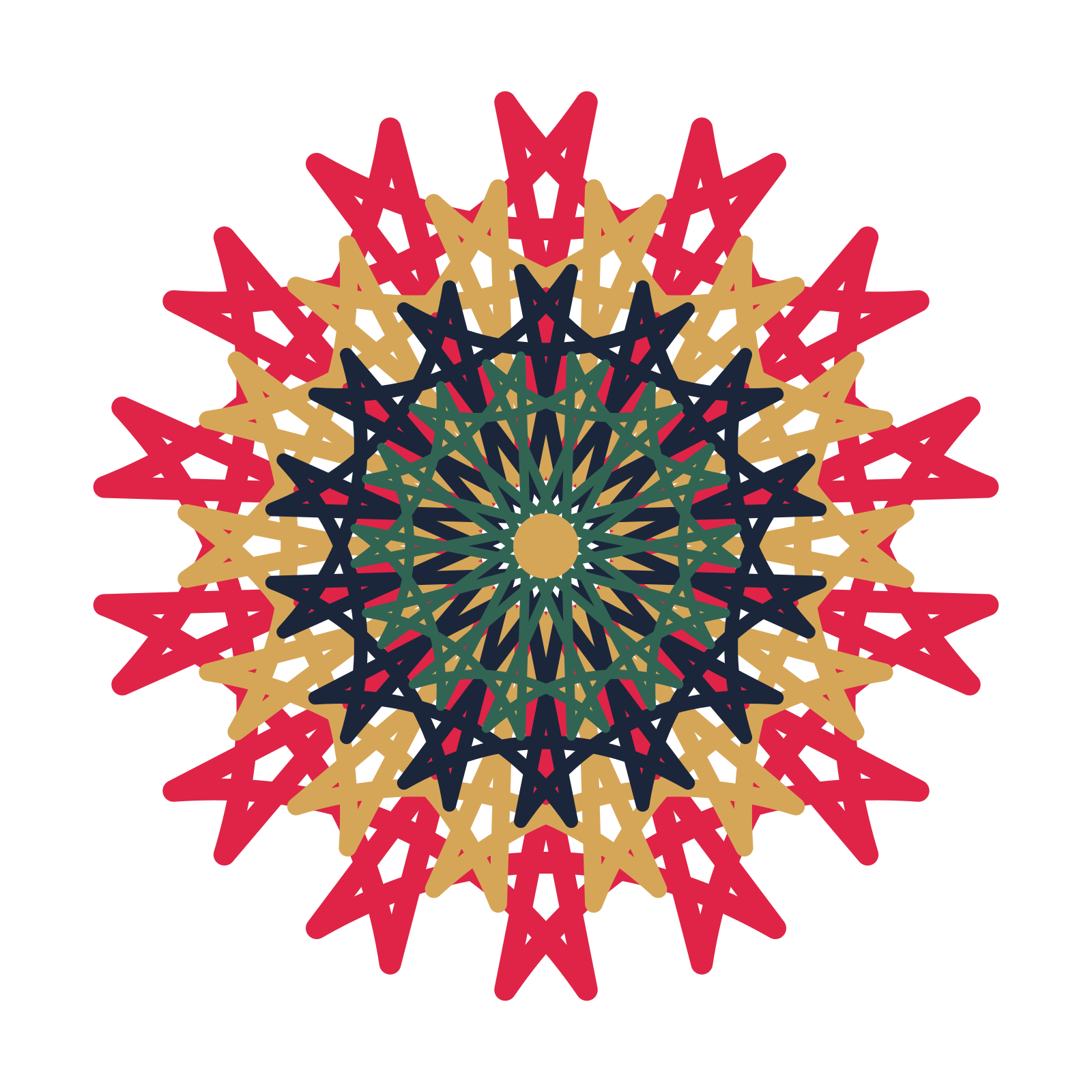 A layered bell rosette with 14-fold radial symmetry and 4 alternating rings of petals.
