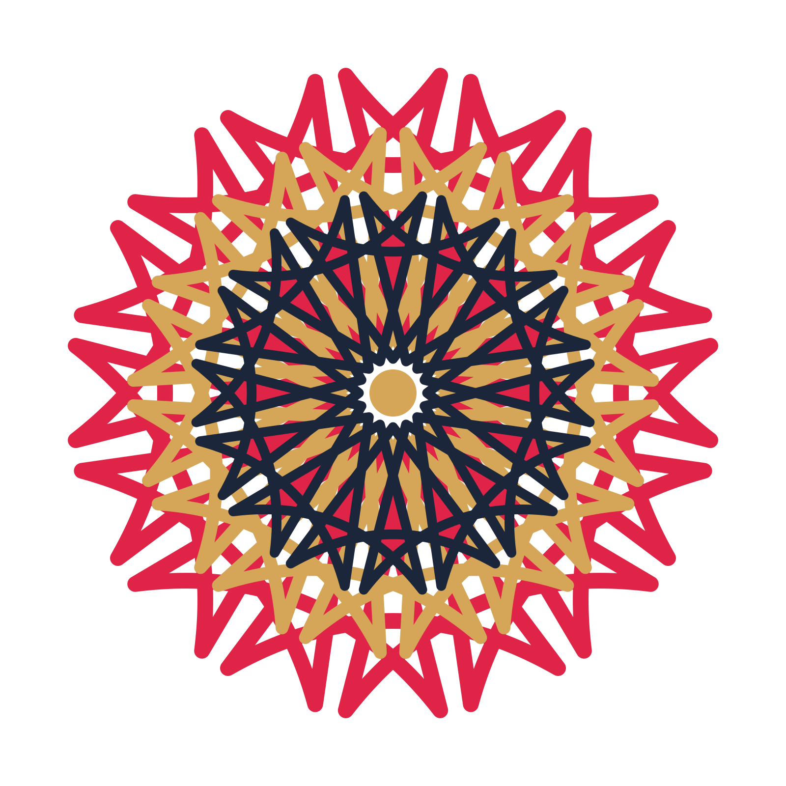 A layered bell rosette with 16-fold radial symmetry and 3 alternating rings of petals.