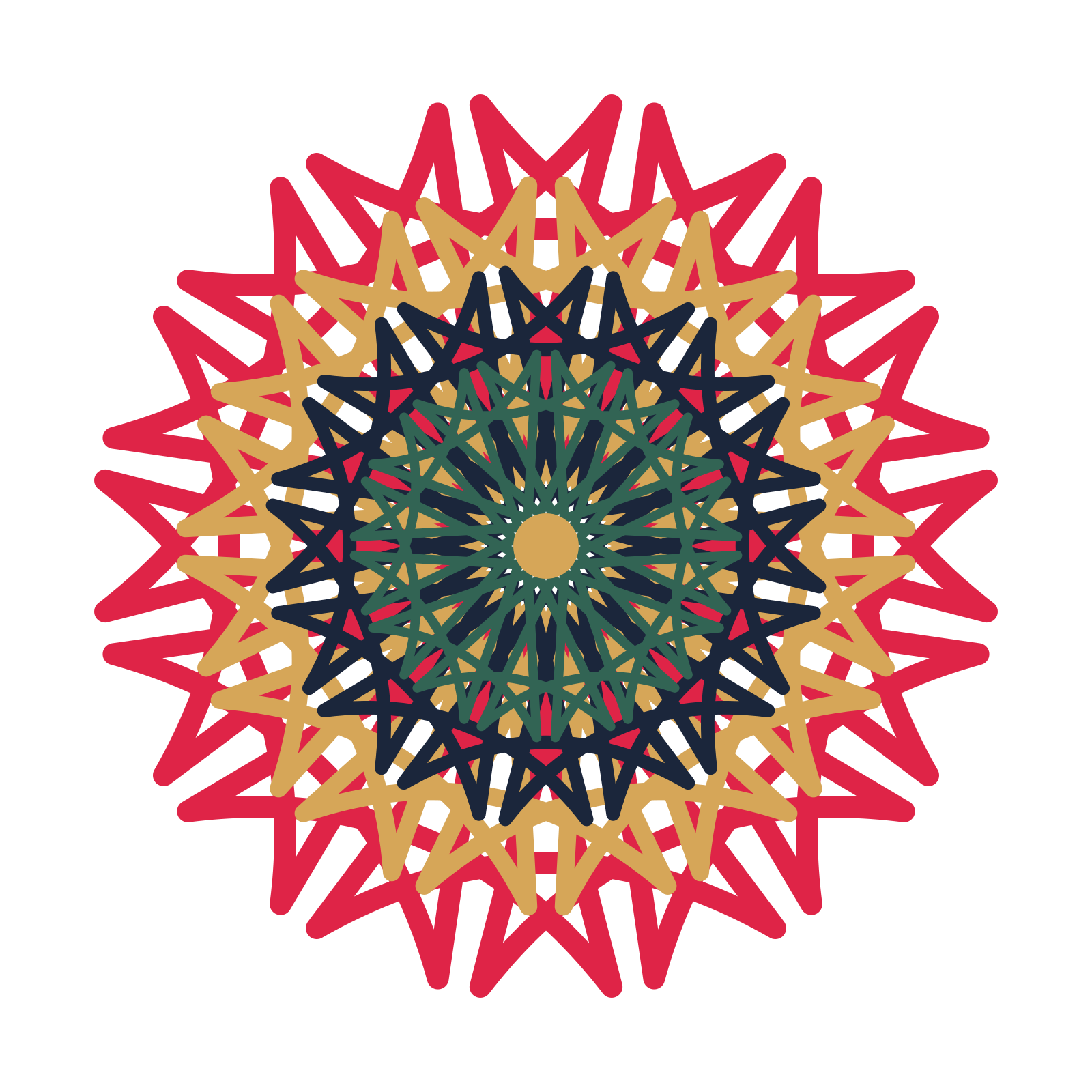 A layered bell rosette with 16-fold radial symmetry and 4 alternating rings of petals.