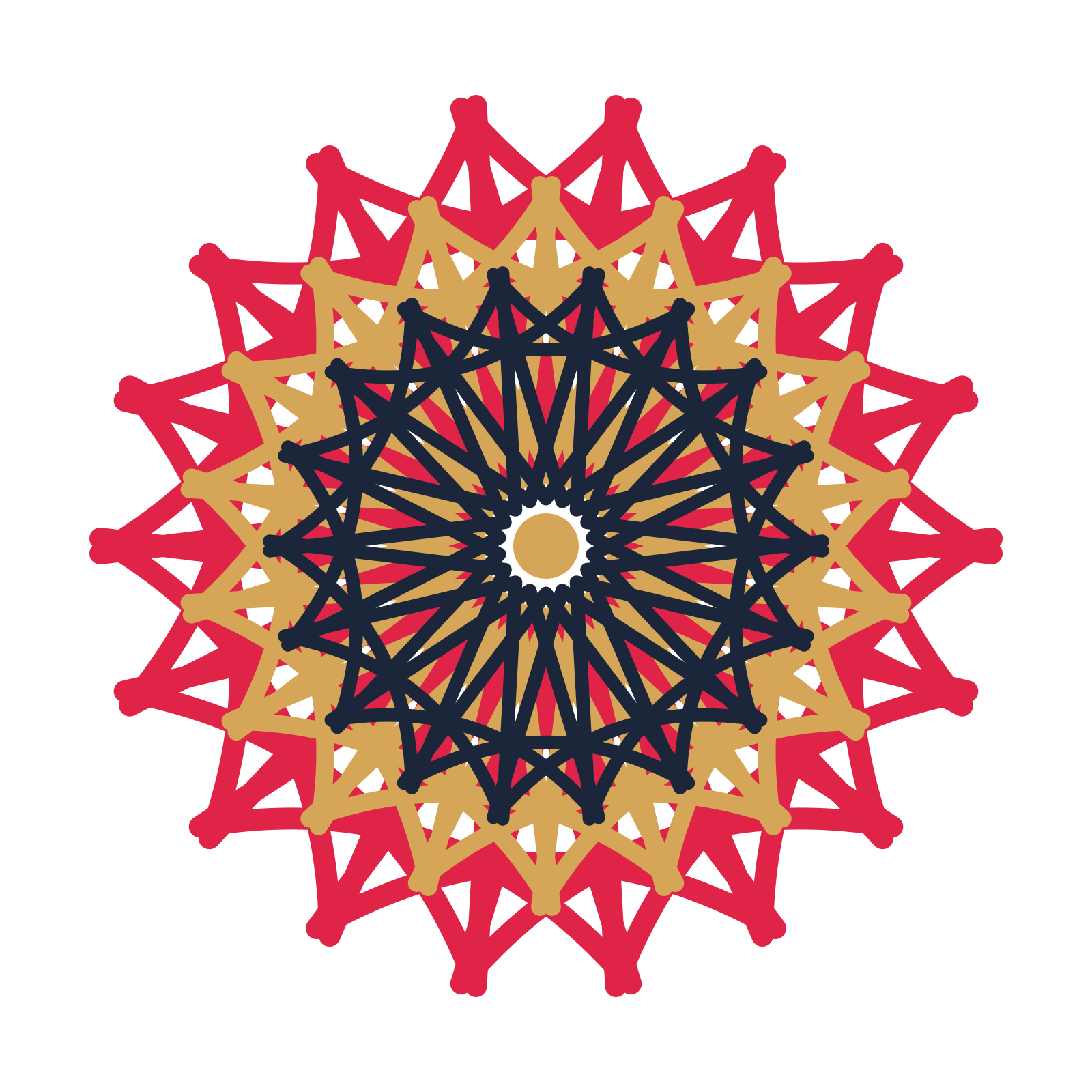 A layered bell rosette with 18-fold radial symmetry and 3 alternating rings of petals.
