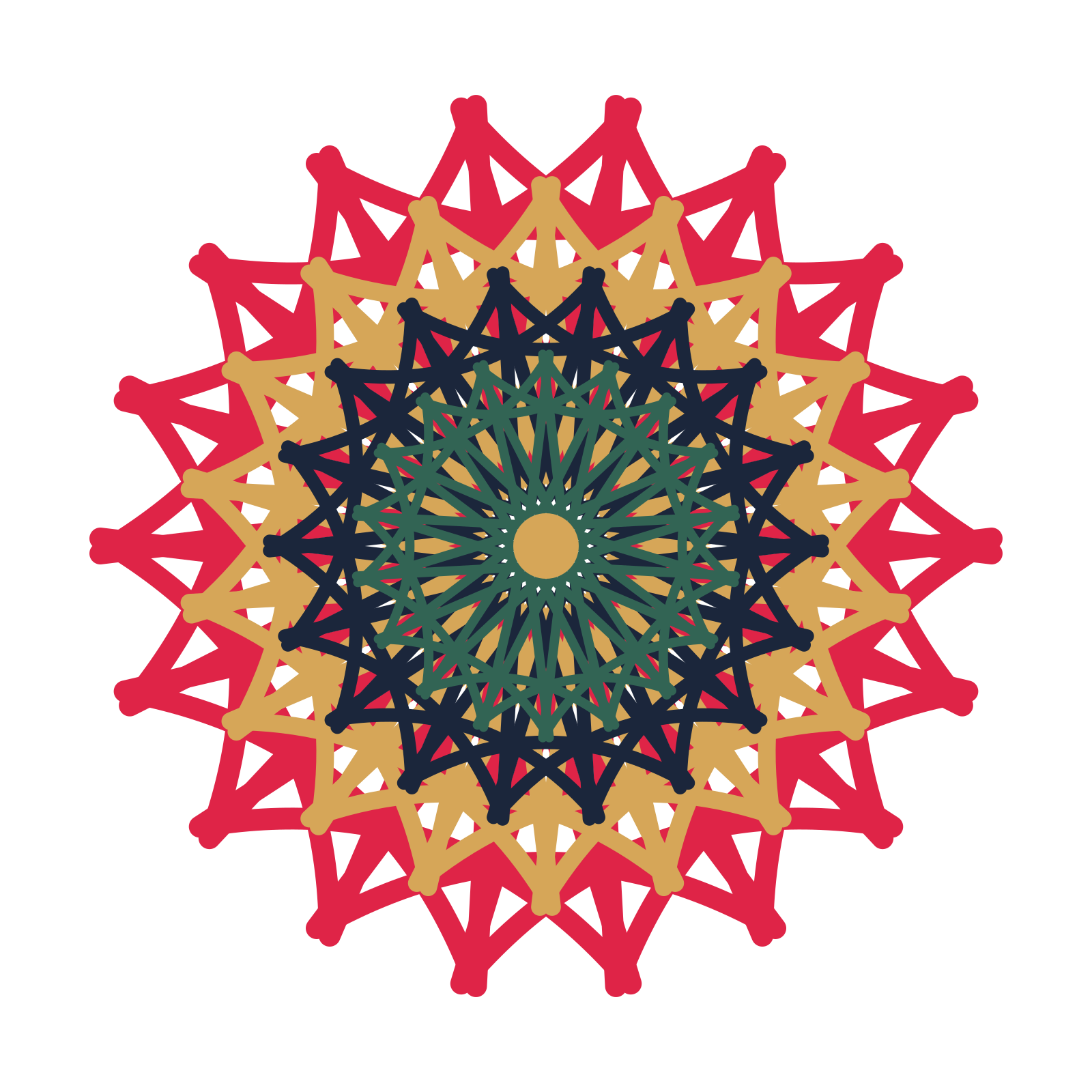 A layered bell rosette with 18-fold radial symmetry and 4 alternating rings of petals.